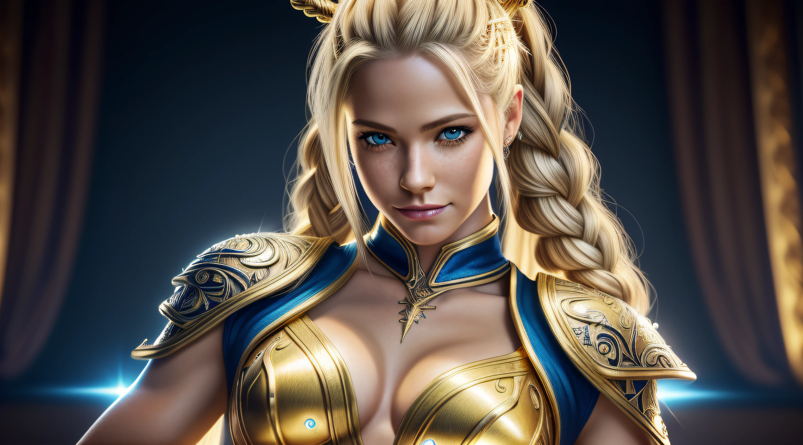 Solo, sexy Avril Lavigne, (French Braided long Ponytail), ((gold and blue viking maiden armor:1.1)), skimpy, seductive, platinum blonde, (blonde:1.1), sexy, small chest, small breasts, highly detailed eyes, ((realistic)), ultra detailed, ((real image)), ((realistic skin)), ((realistic face)), (beautiful:1.05), (beautiful detailed eyes:1.50), (cinematic light:1.1), (ultra high detailed eyes glow:1.50), (ultra photorealistic:1.3), tease, lying, model pose, body, ((anatomically correct:1.1)), naughty smile, (illustration:1.05), Realism, masterpiece, super detail