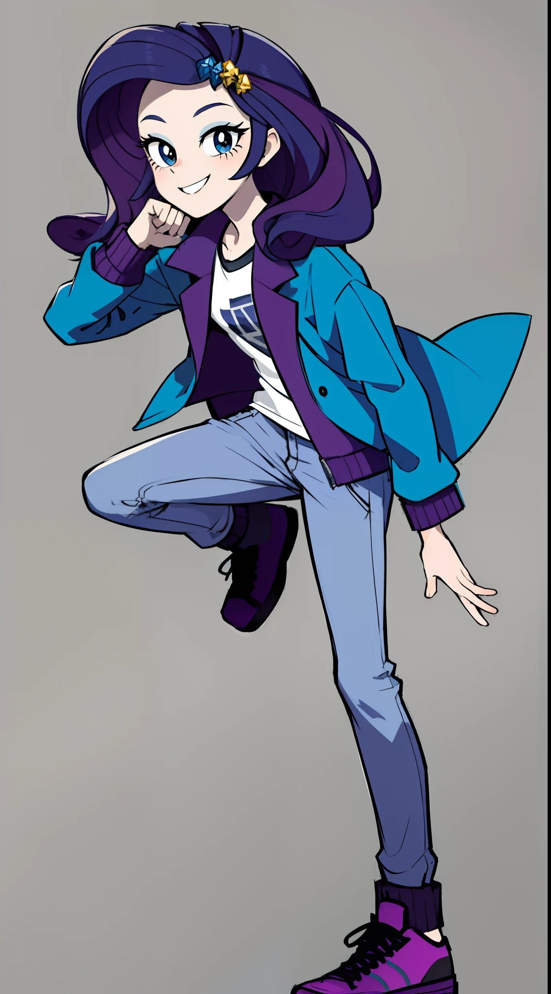 masterpiece,best quality,1girl,solo,mlprarity,colored skin,hair ornament,messy hair,purple hair,blue eyes, tomboy, tomboy outfit, pants, jacket, posing, full body, smile