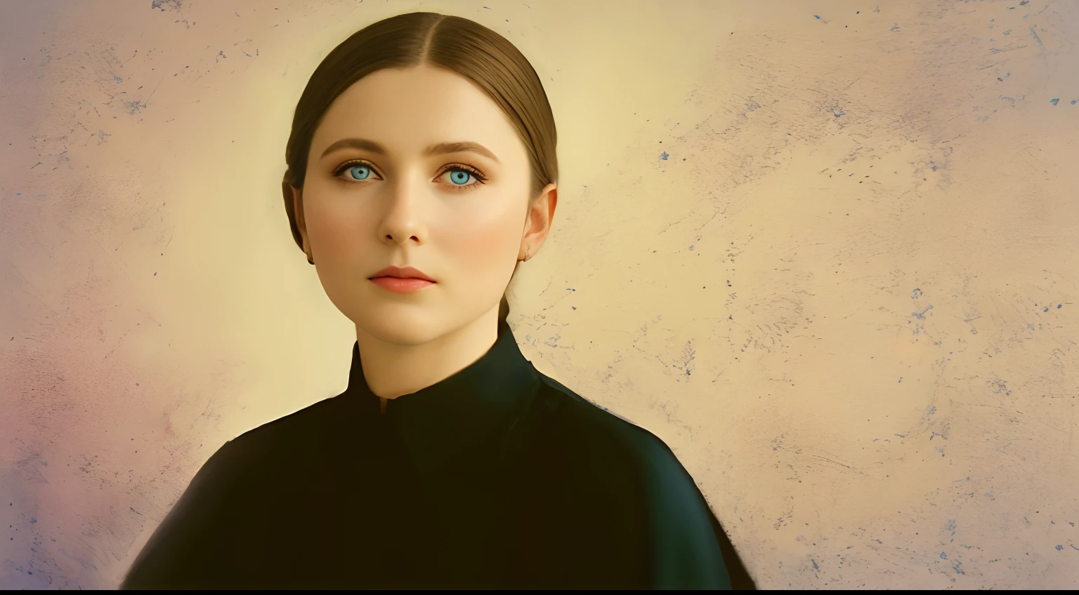 There is a painting of a woman with blue eyes and a black shirt, retrato pintado centrado no lado, inspirado em Helene Schjerfbeck, inspirado em Thomas Millie Dow, Anna Kovalevskaya, Greta Thunberg, majestosa mulher de santo, rendering of close up portrait, retrato colorido, retrato feminino realista, arte digital de um elegante, arte digital do retrato, pintado digitalmente