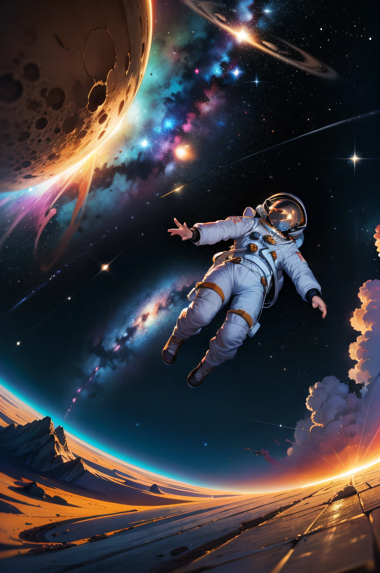 ((Melhor qualidade)), ((obra-prima)), (altamente detalhado:1.3) , Astronaut floating in space , Astronaut to the Léu , estilo psicodelico , Galaxies and planets in the background