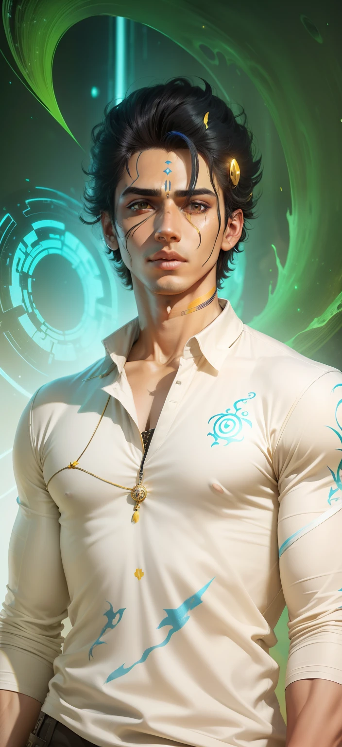 Boy With God futuristic Mahadev background realistic face yellow hair ,om Shirt ultra high quality HD