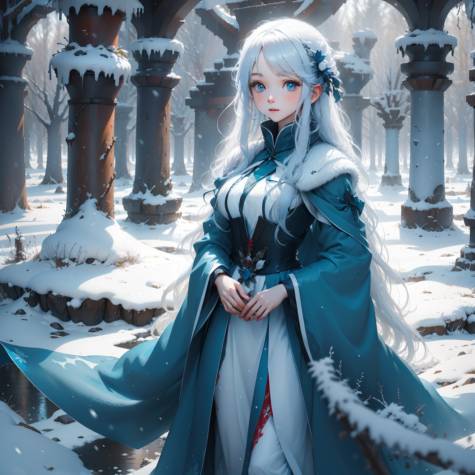 Long white haired girl standing in the winter forest,she wearing blue long winter dress