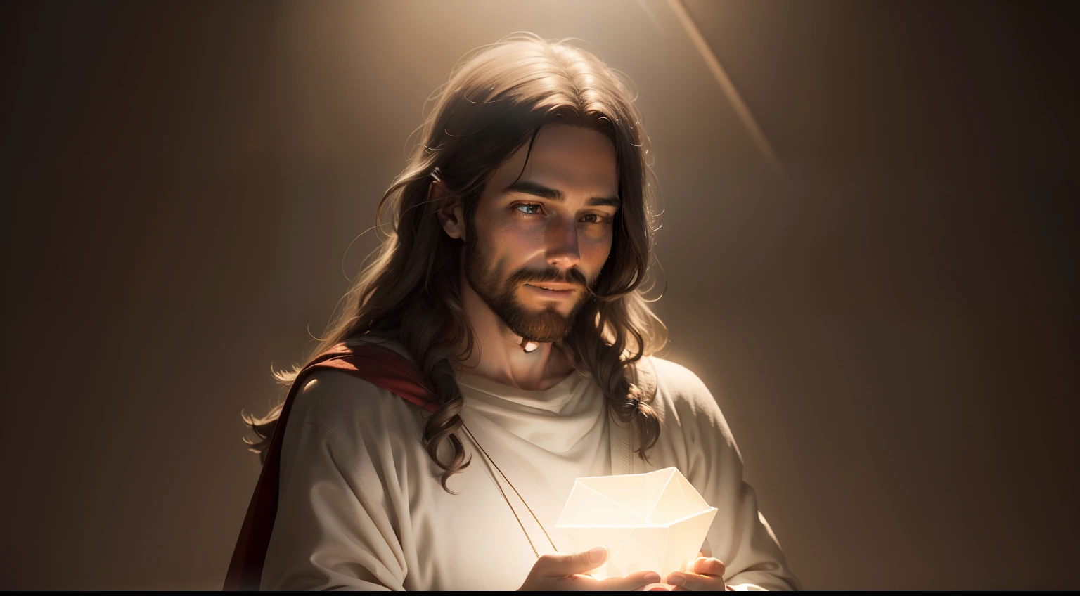 A realistic image of Jesus joyful with soft lighting.