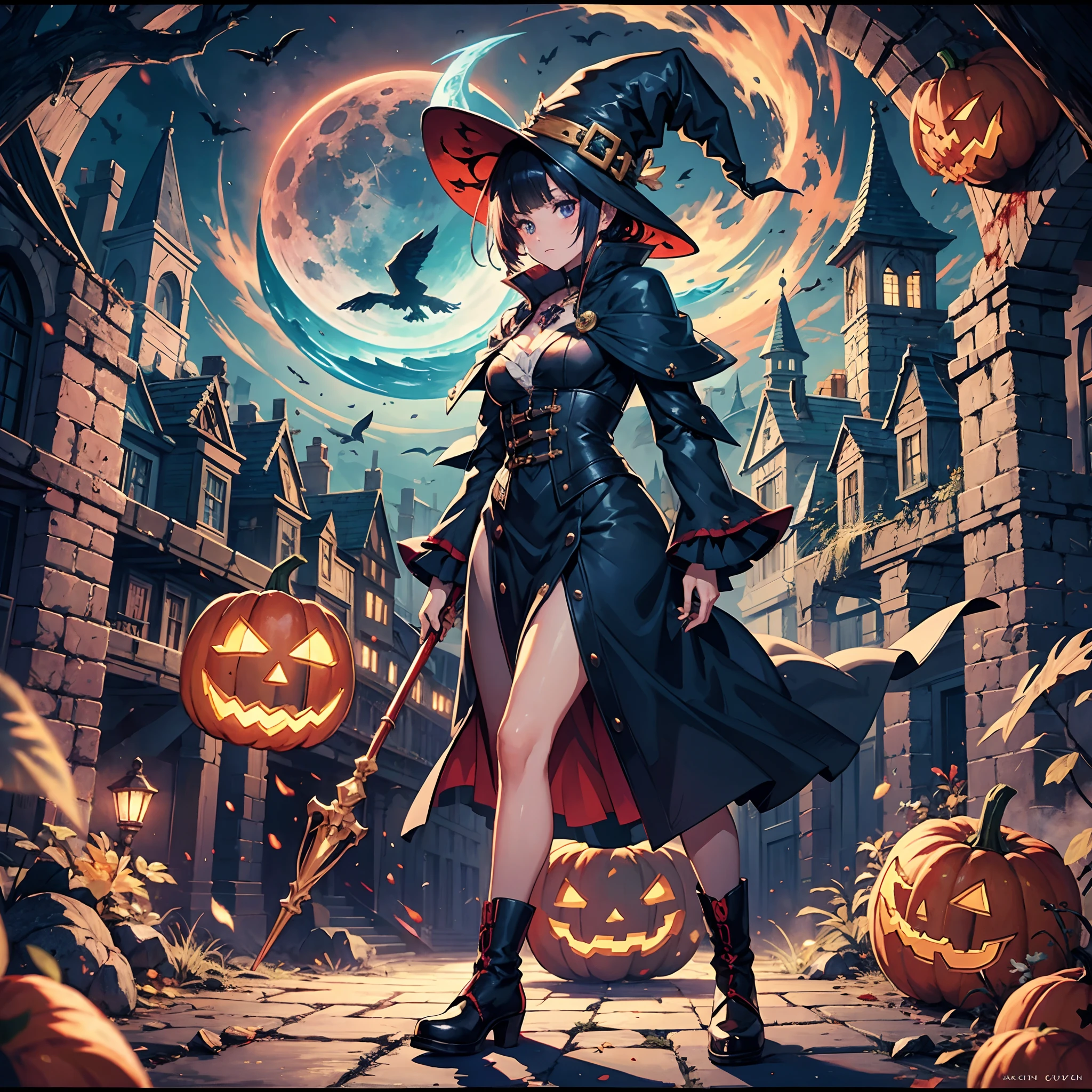 a group of young cute witches and young cute wizards dancing on halloween night, medieval city with halloween pumpkins, lanterns, fireworks, bats, owls, (best quality,4k,8k,highres,masterpiece:1.2),ultra-detailed,(realistic,photorealistic,photo-realistic:1.37),detailed eyes, detailed lips, extremely detailed faces, long eyelashes, beautiful costumes, whimsical, magical, colorful, vibrant, gothic, dark fantasy, dramatic lighting