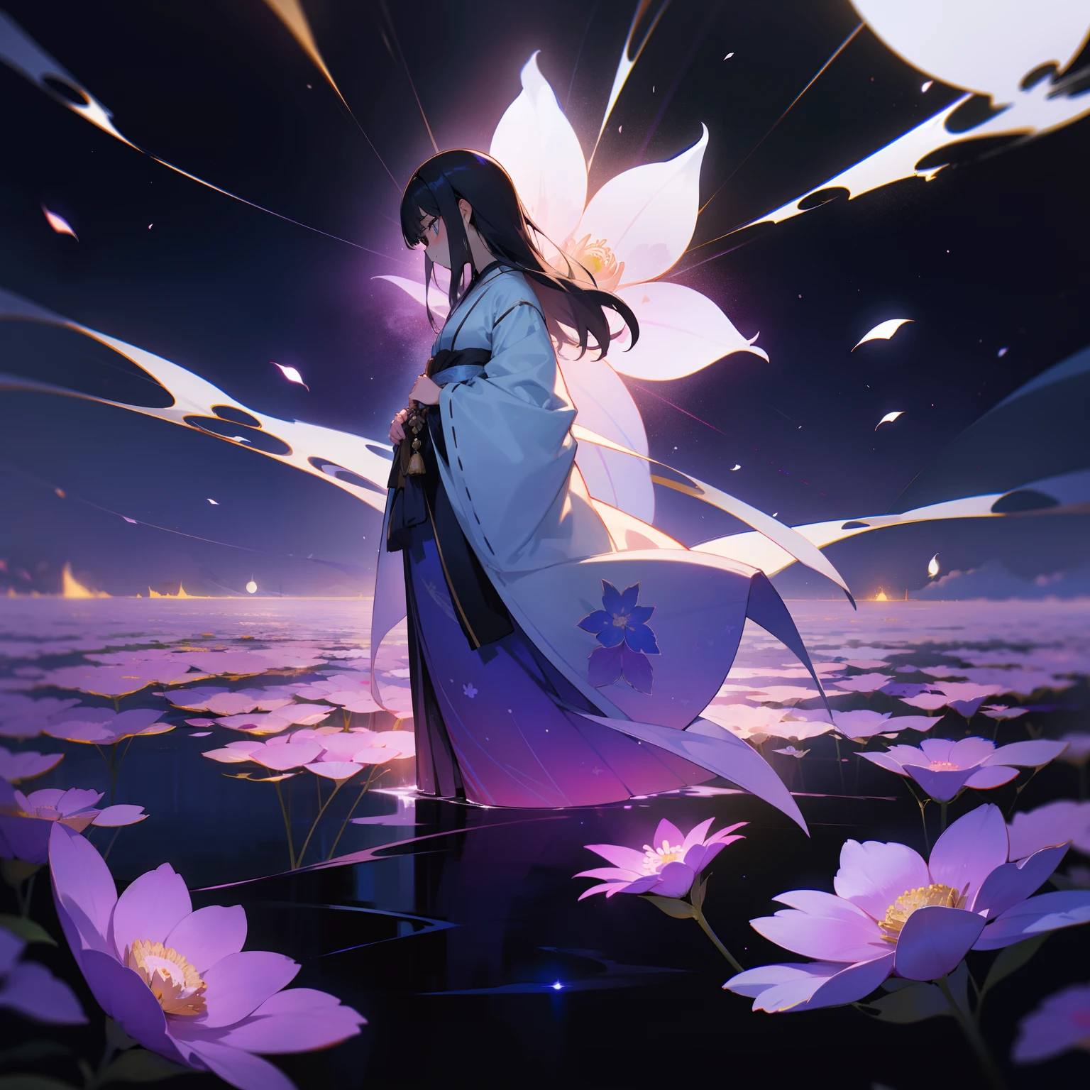 In the darkness、A single flower blooms profusely。A woman dressed in Japanese costume stands around the flower.。In the moonlight、Her presence feels like a middle ground between dream and reality。The pattern of her costume and the color of the flowers are in perfect harmony.、Forming one fantastic landscape。It's like time has stopped、Quiet、However, it was a space where you could feel the life powerfully。The boundary between dream and reality is blurred、In its beauty we experience a fleeting eternity。
