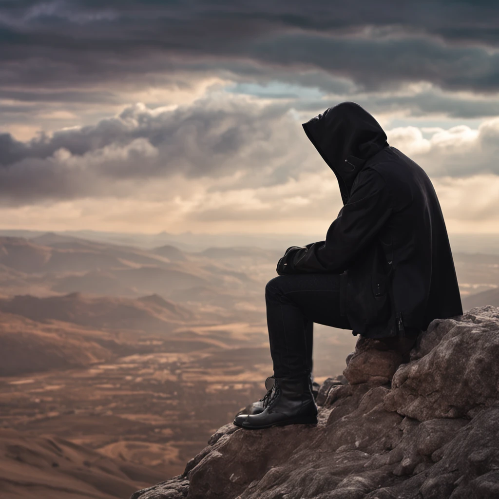Sit high on a cliff, Look up into the distance, A ager with his hands on his knees, Wear a black hood and black trench coat, The time is dusk, god light, god rays, from side