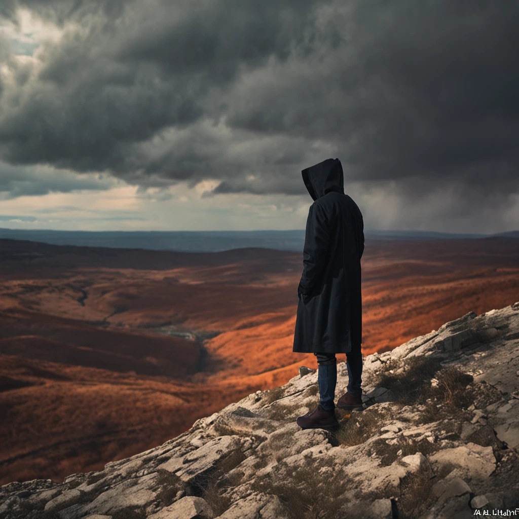 Sit high on a cliff, Look up into the distance, A ager with his hands on his knees, Wear a black hood and black trench coat, The time is dusk, god light, god rays, from side