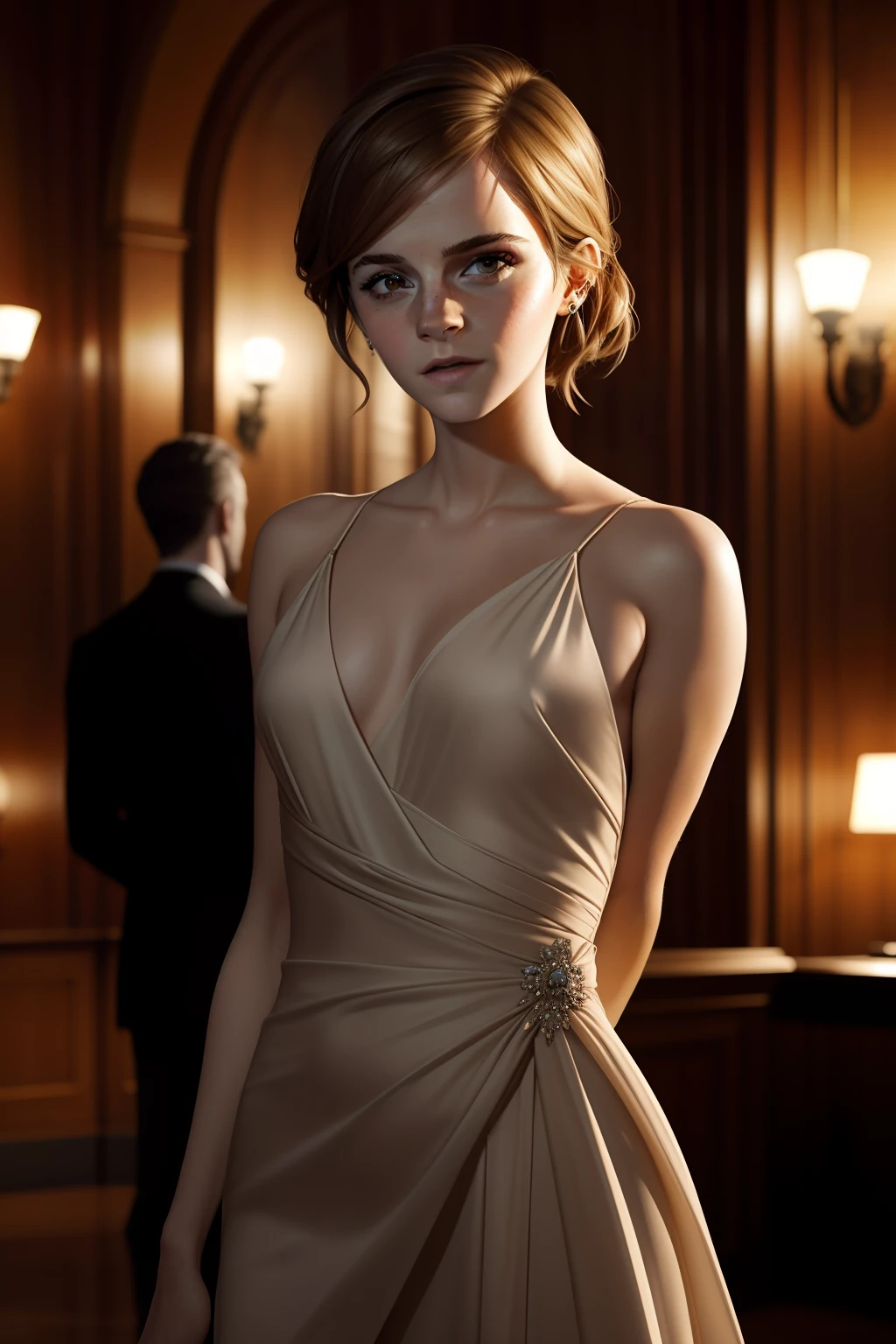 "Emma Watson in a James Bond-themed setting."