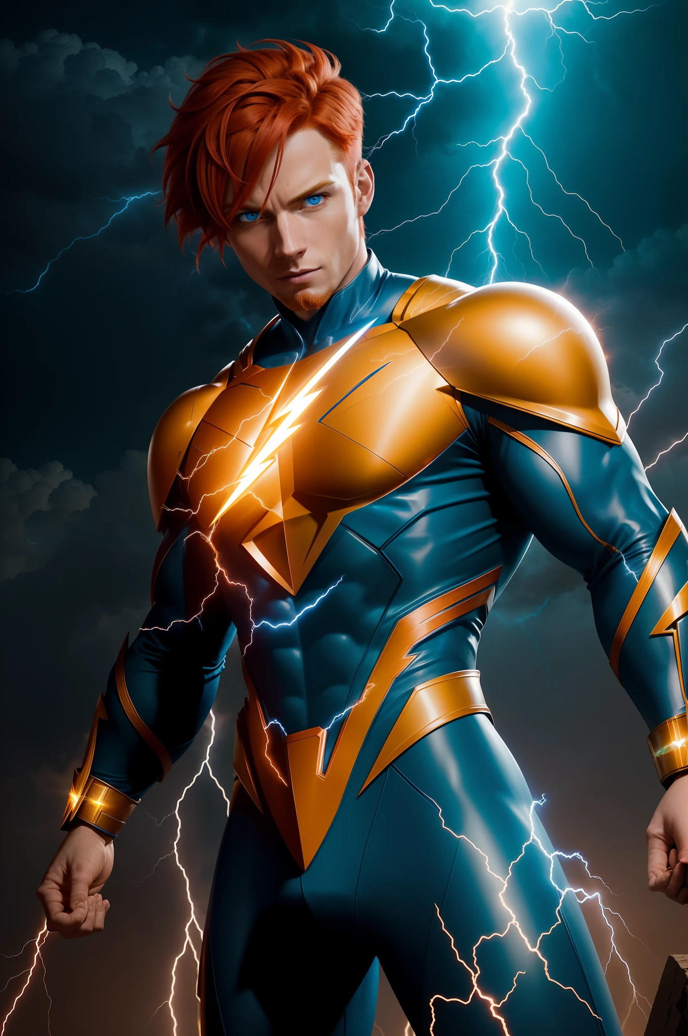 super-hero, man, 25-year old, (short red hair, blue eyes), (blue costume with yellow lightning bolts on chest), (lightning bolts bursting from hands, surrounded by lightning), photorealistic, particle effects, raytracing, depth of field,
