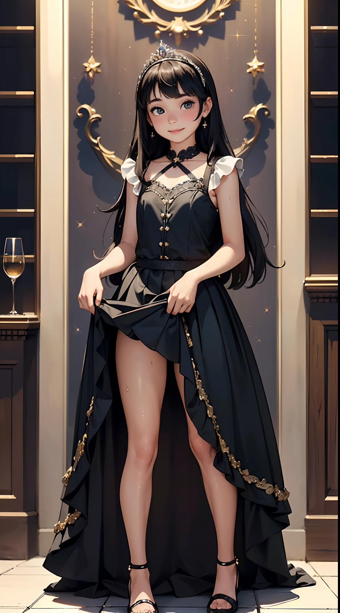 {{{masterpiece}}}, {{{best quality}}}, {{ultra-detailed}},  {{an extremely delicate and beautiful}},(nsf), (Best quality, 8k, 32k, Masterpiece, UHD:1.2),Photo of Pretty girl, top quality, best quality, realistic, unity, 8k wallpaper, official art,(2girls:1.3),(Sisters aged 15yo and 17yo:1.5),(Princess dress with lots of embellishments:1.3),(gorgeous tiara:1.3),(smile:1.3),(sweaty skin:1.3),Child,black eyes,(behind the glittering princess dress:1.3),(behind the glittering palace:1.3),(dynamic pause:1.1),(full body:1.2),(skirt lift by myself:1.5),(Cotton panties:1.2)