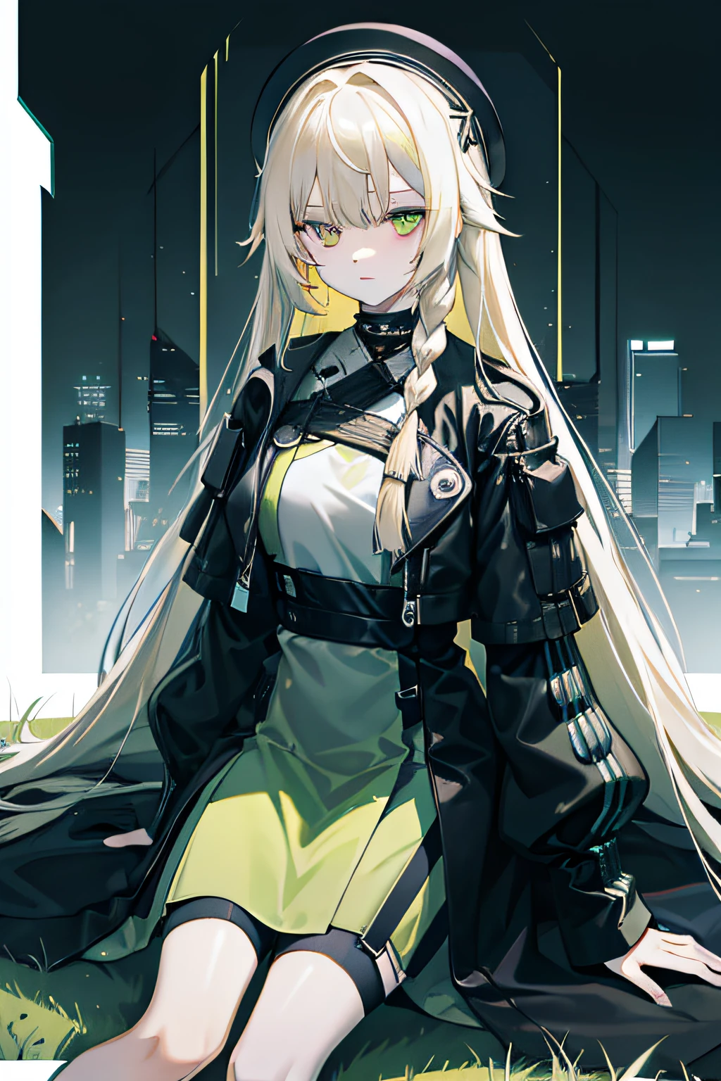 long  white hair，The eyes are one yellow and one green，femele，Adults，Sit on the lawn，The clothes are more cyberpunk，The background is forest