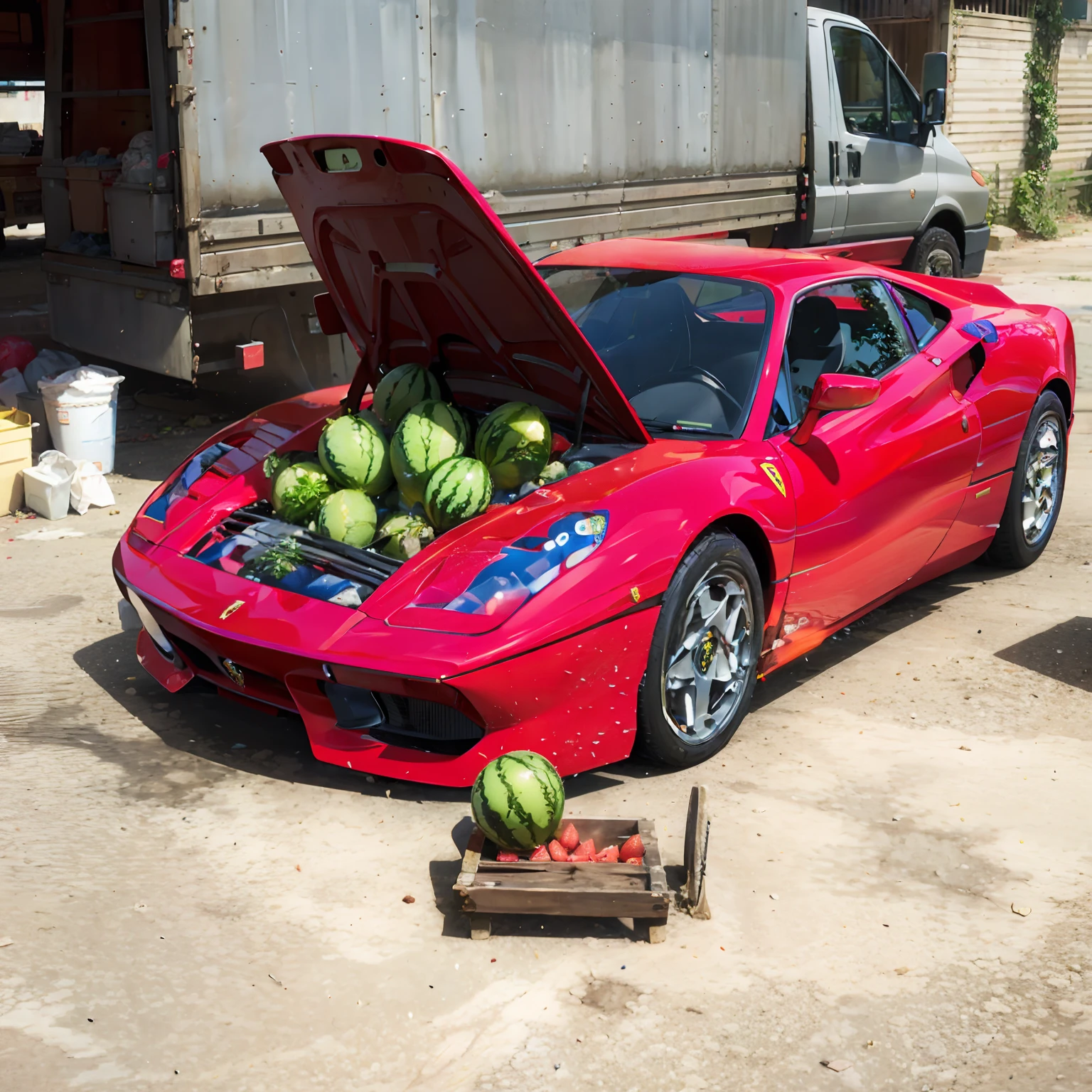 Anime Style Processing, Red Ferrari with watermelons,  Neon lights in the background