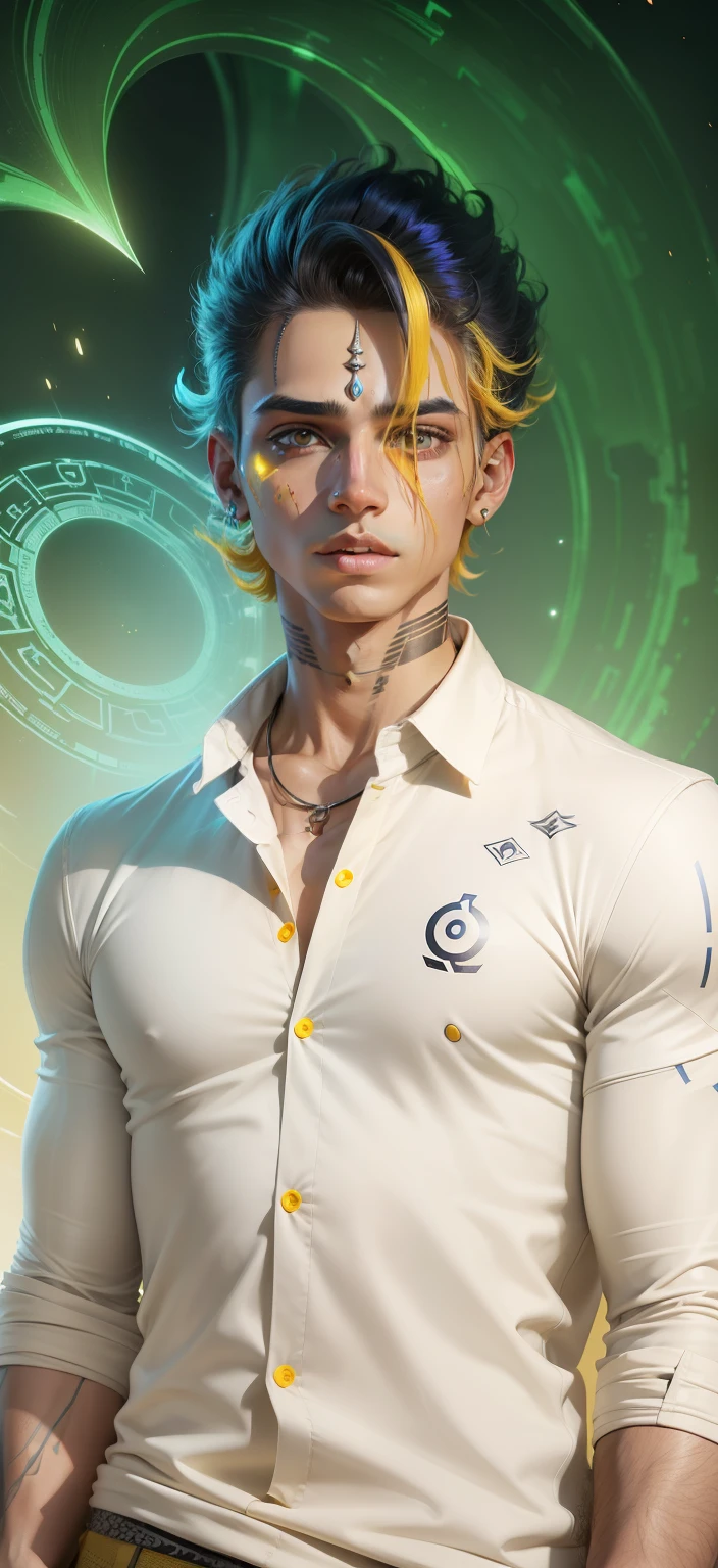 Boy With God Futuristic Bholenath background realistic face yellow hair ,om Shirt ultra high quality HD