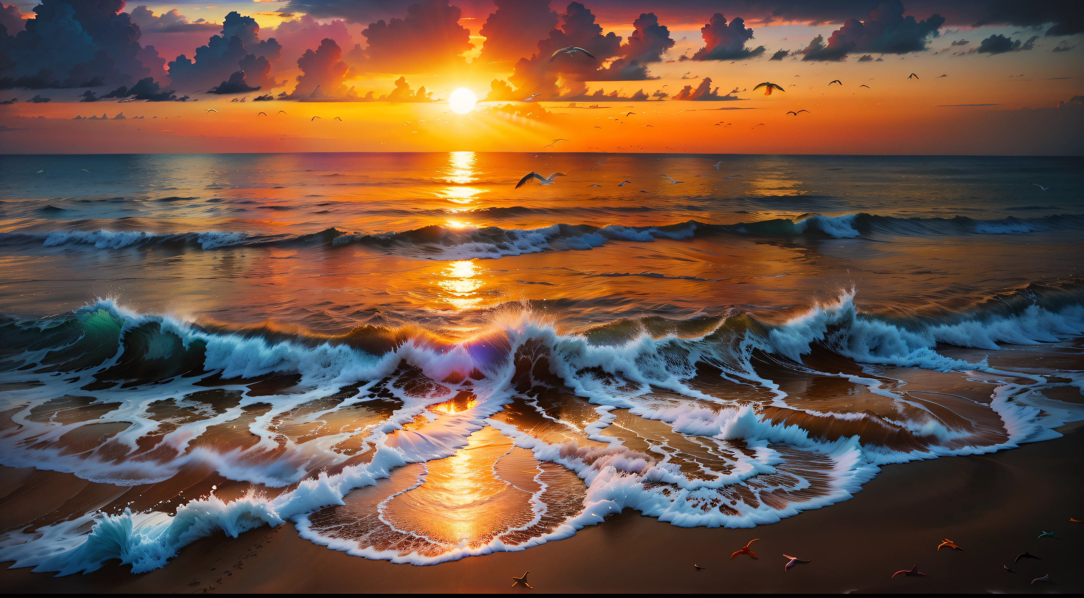 An absolutely mesmerizing sunset over the beach, with a blend of oranges, pinks, and yellows filling the sky. Crystal-clear waters of the sea gently kissing the shore, with sandy white beach stretching far and wide. The scene is dynamic and breathtaking, with seagulls soaring high in the sky and gently swaying palm trees. Take in the calming atmosphere and let the peacefulness wash over you.