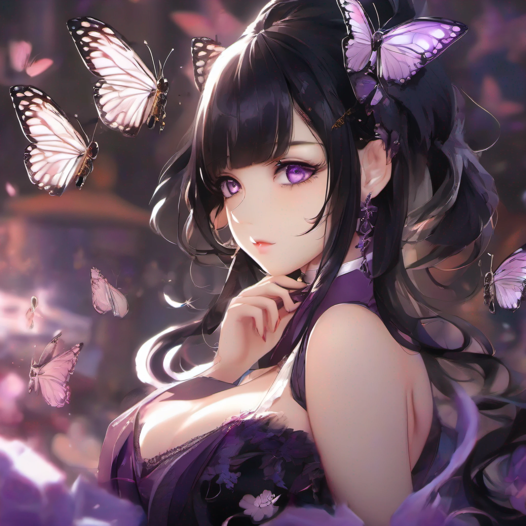 black hair, kanzashi, mole under mouth, butterfly hair ornament, gradient eyes, purple eyes, upturned eyes, longeyelashes, parted lips, licking lips, jitome, seductive smile, anime, chiaroscuro, cinematic lighting, drop shadow, projected inset, tachi-e, UHD