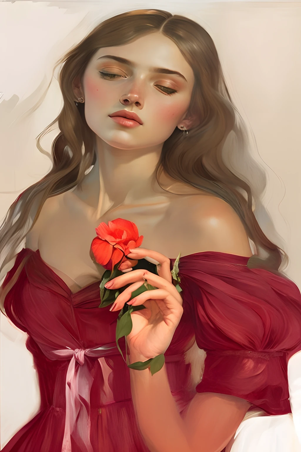 pintura de uma mulher em um vestido vermelho segurando uma rosa, No estilo de arte de Bowater, segurando uma rosa, pintura digital renascentista, pintura digital elegante, inspirado em Alexandre Cabanel, Estilo de Charlie Bowater, em estilo de pintura digital, No estilo de Charlie Bowater, Artgerm e Atey Ghailan, Lois Ross