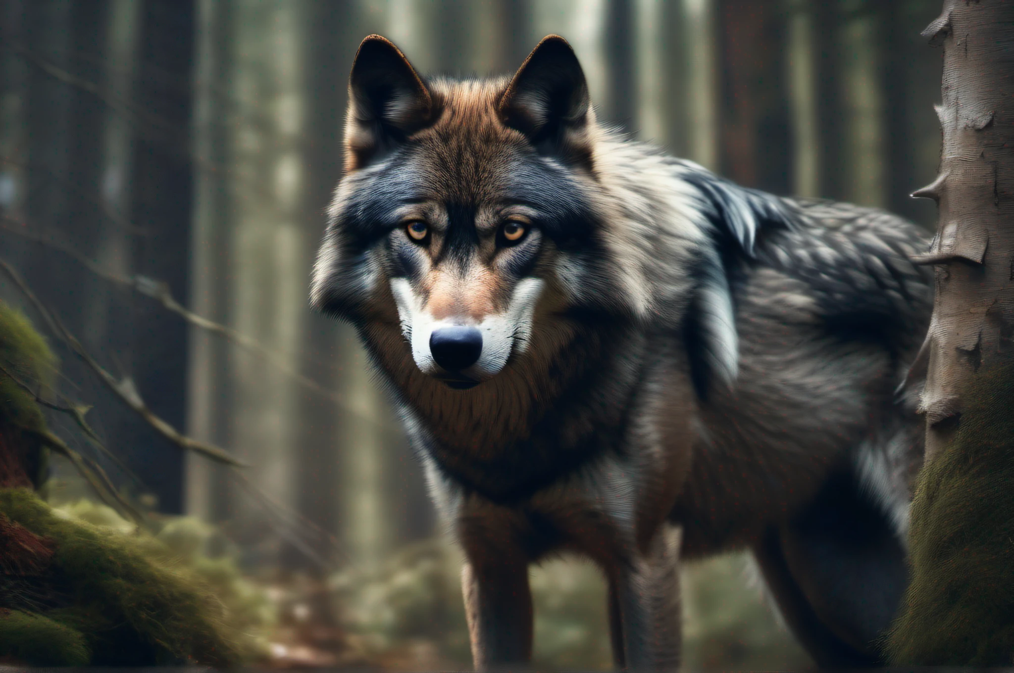 Generate an ultra-realistic, photographic image in 8k resolution featuring a dark-furred wolf with piercing blue eyes and an intense gaze. The wolf's face should be intricately detailed. The background should showcase a dense forest, intentionally blurred to accentuate the focus on the wolf.