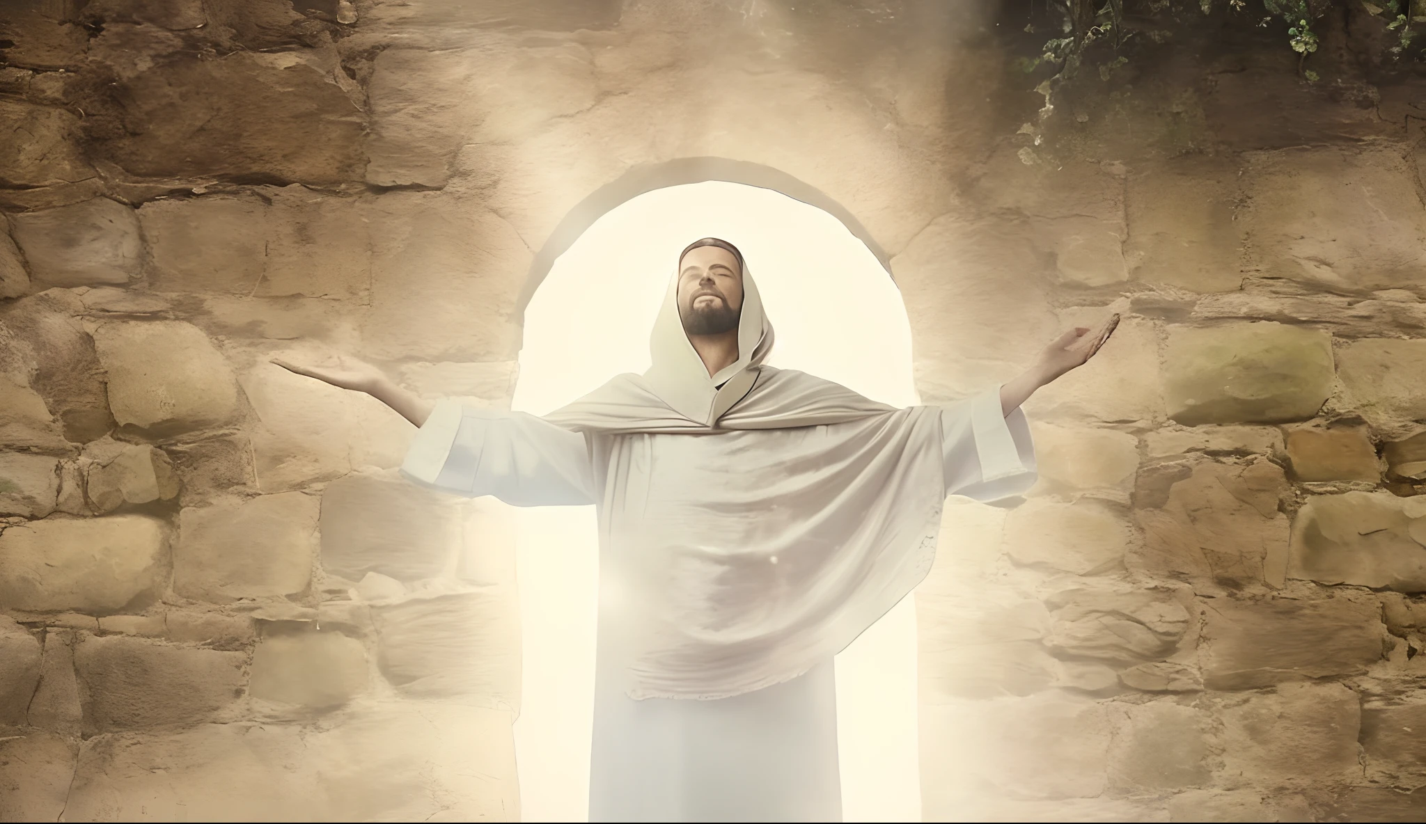Arafed man in white robe standing in front of a stone wall, Jesus Cristo, luz santa, imagens sagradas, pontifex, imagens religiosas, Obra-prima da luz brilhante, Directed by: Kurt Roesch, Raios de Luz Sagrada Sagrada, jesus of nazareth, foto descoberta, glowing halo above his head, energia santa, he is casting a lighting spell, holy themed