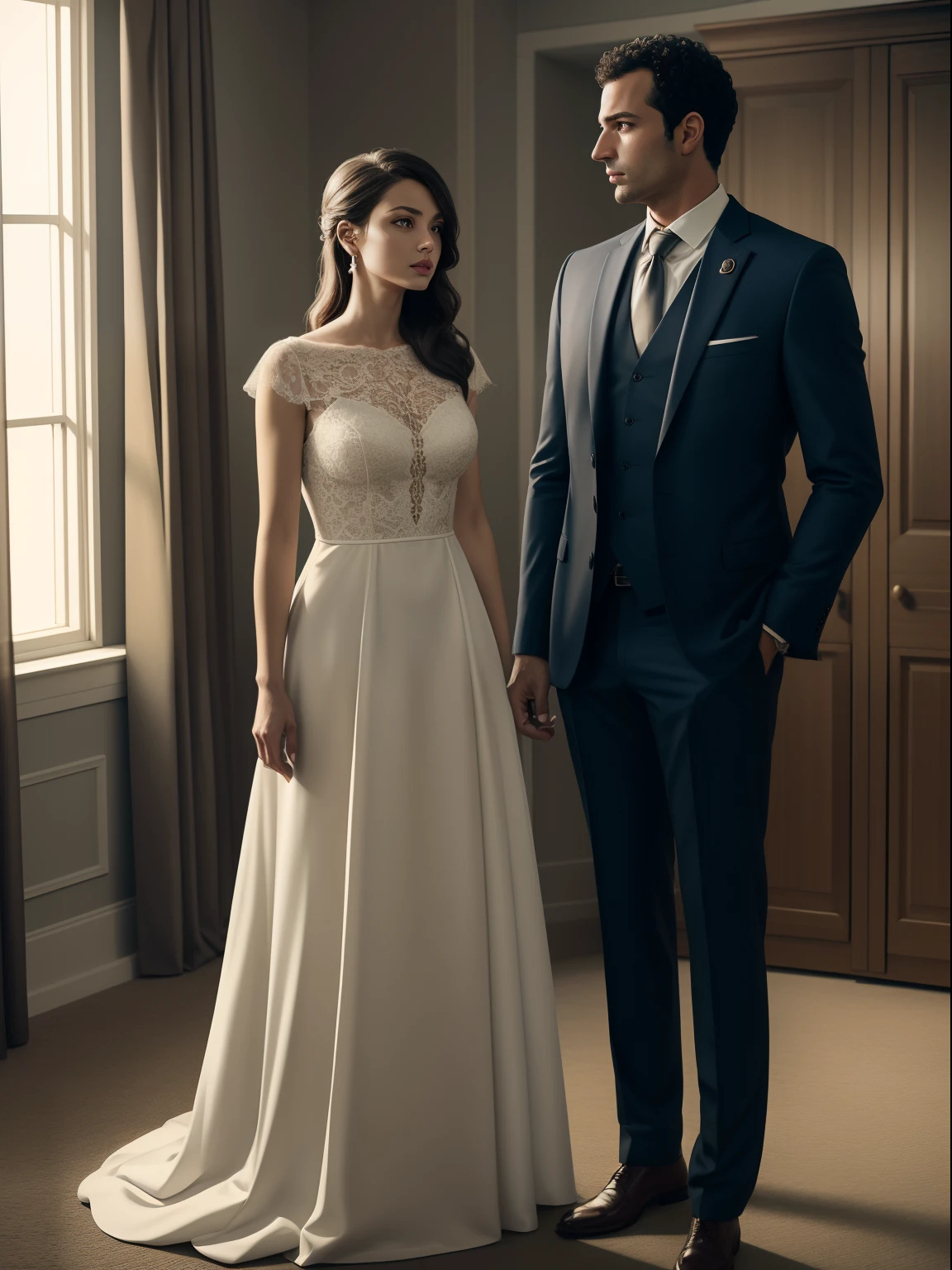 arafed woman in a dress standing in a room with a man in a suit, cinematic