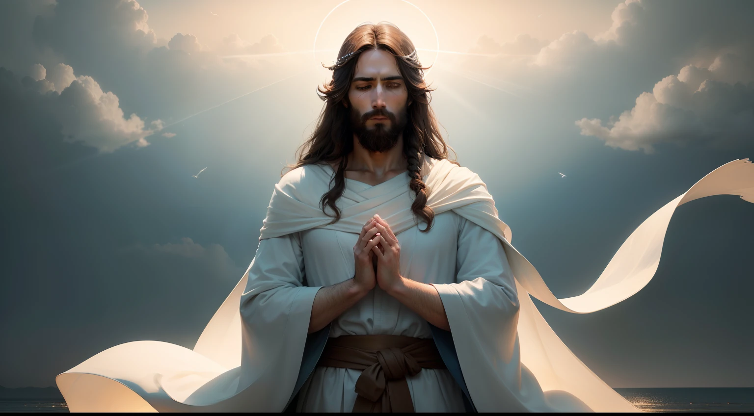 create a high-resolution representation of Jesus Christ. The image should depict Jesus in a serene and divine environment. He should be surrounded by a soft aura of golden light radiating from His body. His expression should be one of compassion and love, conveying the message of hope and redemption.

Jesus should be dressed in a robe of earthy tones, with white details symbolizing purity. His hands should be extended in a welcoming gesture, with rays of light emanating from His palms. He may be standing on a gentle hill or by the edge of a tranquil lake, connecting with the nature around Him.

The background setting should be soft and ethereal, with gentle shades of blue and pink painting the sky. The clouds should appear soft and comforting. There's a sense of peace and serenity throughout the image.

Ensure that facial details such as the gentle and compassionate eyes, long brown hair, and neatly trimmed beard are represented with great attention to detail. The light emanating from Him should realistically illuminate the surroundings, highlighting contours and creating a sacred ambiance.

The image should be in portrait format and have a minimum resolution of 3000x4000 pixels to ensure sharpness and quality at larger sizes. The color palette should be harmonious and soft, creating a sense of transcendence and divinity.

Please make sure that the final image conveys the message of Jesus Christ as a symbol of love, compassion, and hope, and that it can inspire a sense of peace and spiritual connection."

Remember that creating art is a highly subjective process and can vary depending on the artist's style and the tools used. Make sure to communicate clearly with the artist or image editing program you choose to create the image.