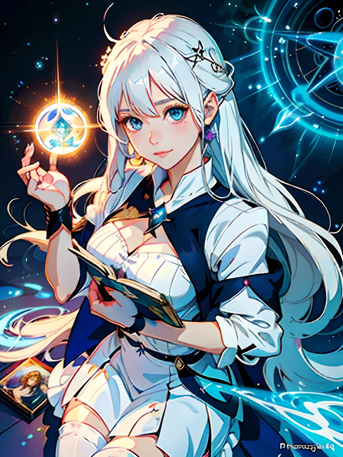 Anime girl with white hair and blue eyes holding a book, beautiful celestial mage, flirty anime witch casting magic, Seductive Anime Girl, artbook artwork, beautiful sorceress, beautiful alluring anime woman, Very detailed ArtGerm, rossdraws cartoon vibrant, beautiful sorceress, digital anime illustration, rossdraws 2. 5, digital art on pixiv