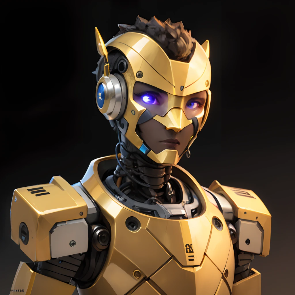 Male humanoid robot with name written in gold DEMIBOT