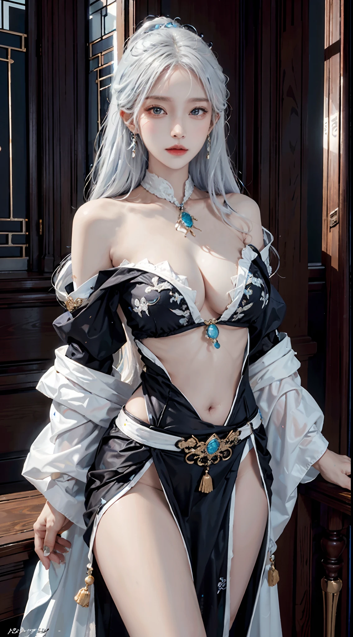 photorealistic, high resolution, soft light,1women, solo, hips up, shining skin, (detailed face), jewelry, tattoo, blue taoist clothes, white hair