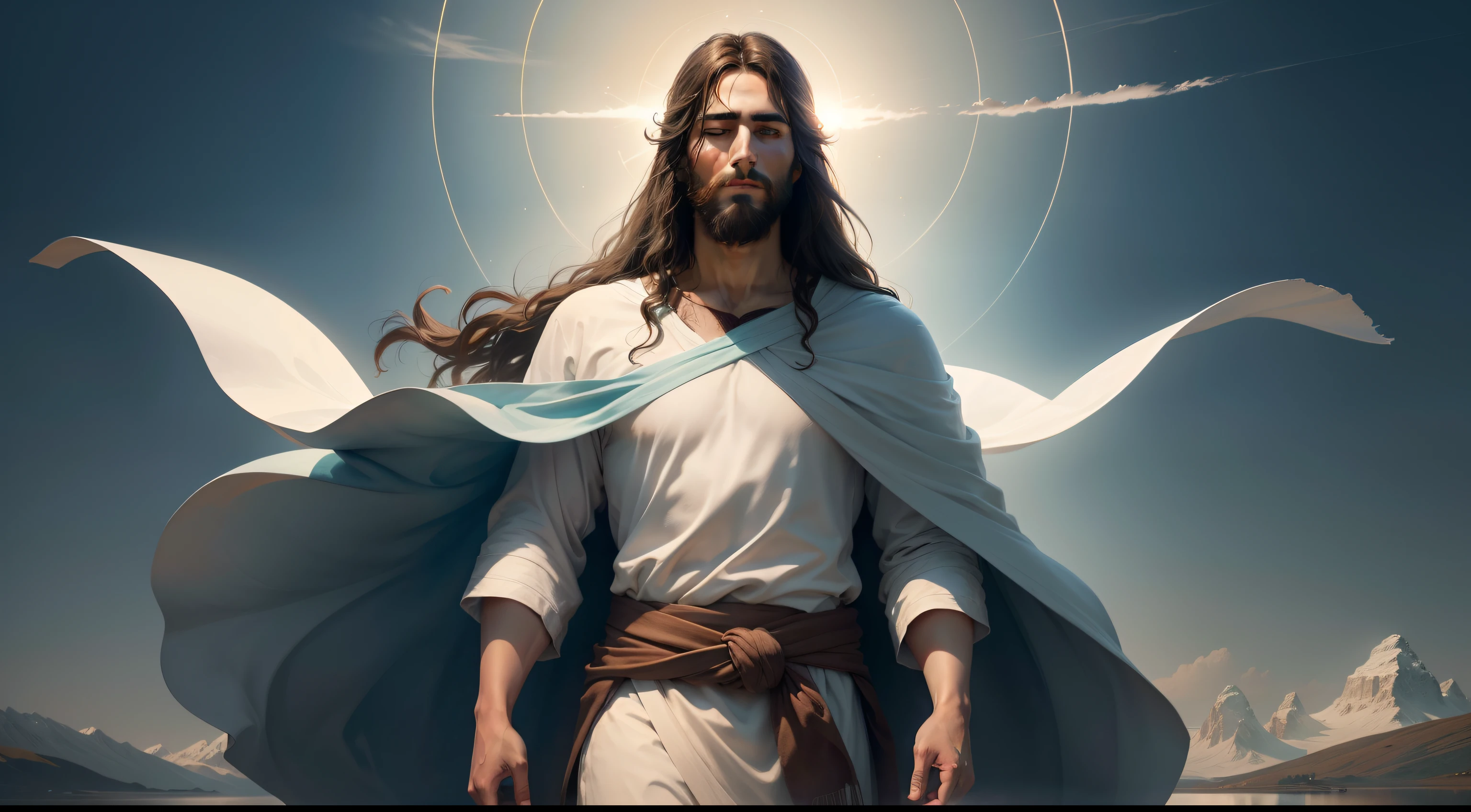 create a high-resolution representation of Jesus Christ. The image should depict Jesus in a serene and divine environment. He should be surrounded by a soft aura of golden light radiating from His body. His expression should be one of compassion and love, conveying the message of hope and redemption.

Jesus should be dressed in a robe of earthy tones, with white details symbolizing purity. His hands should be extended in a welcoming gesture, with rays of light emanating from His palms. He may be standing on a gentle hill or by the edge of a tranquil lake, connecting with the nature around Him.

The background setting should be soft and ethereal, with gentle shades of blue and pink painting the sky. The clouds should appear soft and comforting. There's a sense of peace and serenity throughout the image.

Ensure that facial details such as the gentle and compassionate eyes, long brown hair, and neatly trimmed beard are represented with great attention to detail. The light emanating from Him should realistically illuminate the surroundings, highlighting contours and creating a sacred ambiance.

The image should be in portrait format and have a minimum resolution of 3000x4000 pixels to ensure sharpness and quality at larger sizes. The color palette should be harmonious and soft, creating a sense of transcendence and divinity.

Please make sure that the final image conveys the message of Jesus Christ as a symbol of love, compassion, and hope, and that it can inspire a sense of peace and spiritual connection."

Remember that creating art is a highly subjective process and can vary depending on the artist's style and the tools used. Make sure to communicate clearly with the artist or image editing program you choose to create the image.
