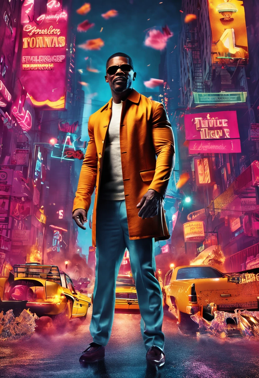 Create an image of Jamie Foxx in his element, showcasing his talents in acting, comedy, and music.