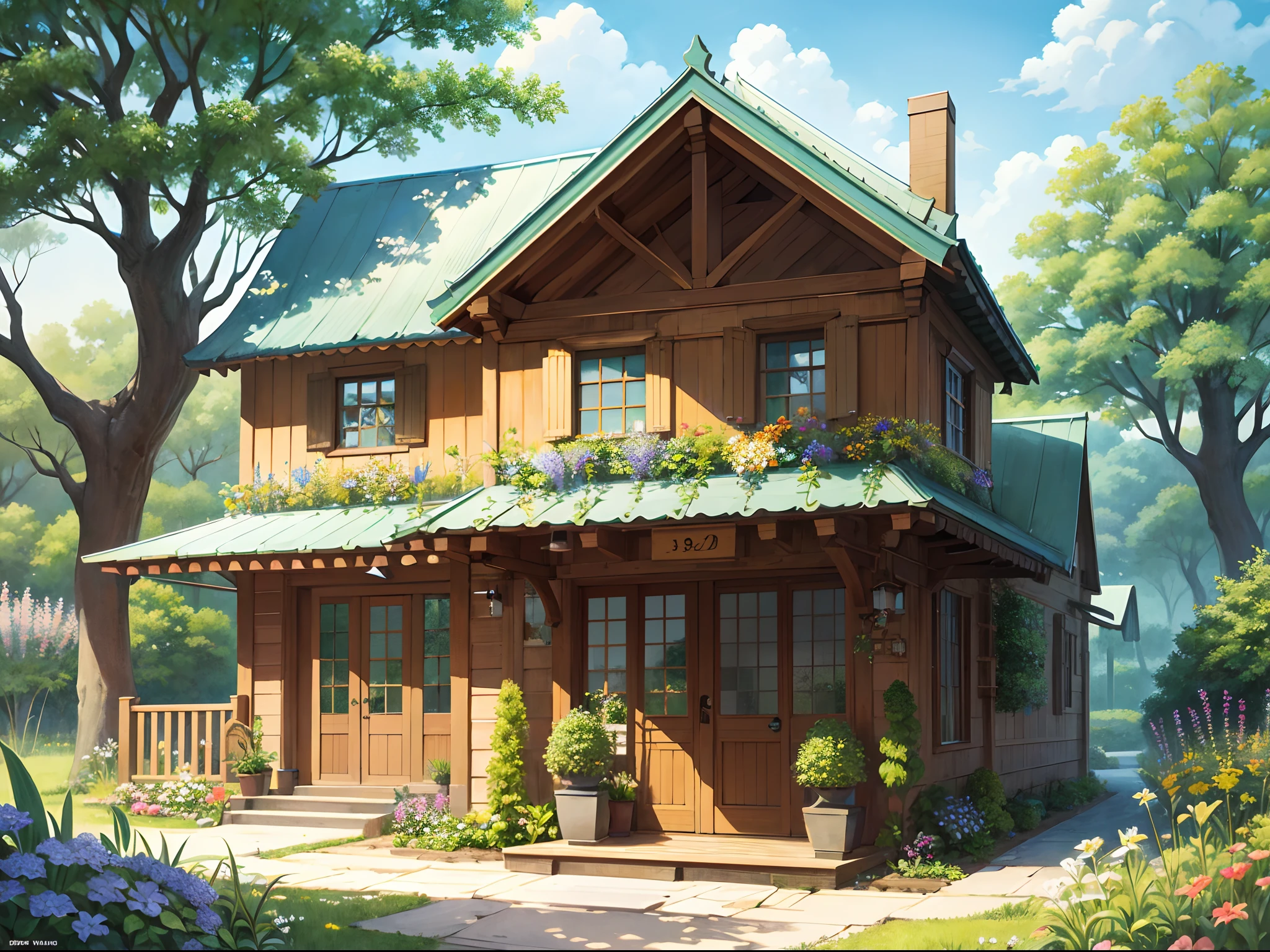 A painting of a house，There are flowers and trees in the front yard，Flower and grass cottage，Colorful house，beatiful house，Villas！！，Villa garden，very detailed illustration，vibrant with colors！The is very detailed，Watercolor detailed art，Full color and rich detail，Colorfull illustration，House illustration，Colorful illustrations，The bright colors are very detailed