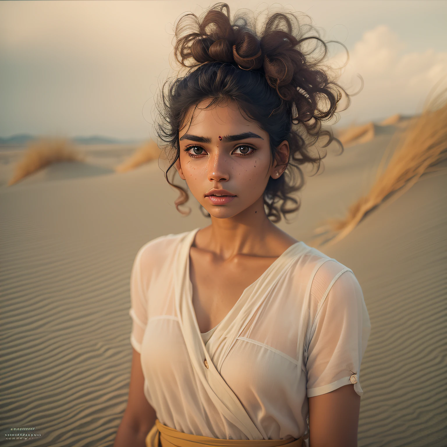 Portrait of an Indian woman with curly hair styled in a messy bun, mignon, Photographie mate, corps complet, bateau, peau brune, softlighting, humeur ambiante, Stunning and clean photography, Kodak Film, Leica, Aesthetic inspiration of the dunes, Metropolis inspired, Oleg Oprisco et Todd Hido --ar 5:8 --s 450 --v 5.2