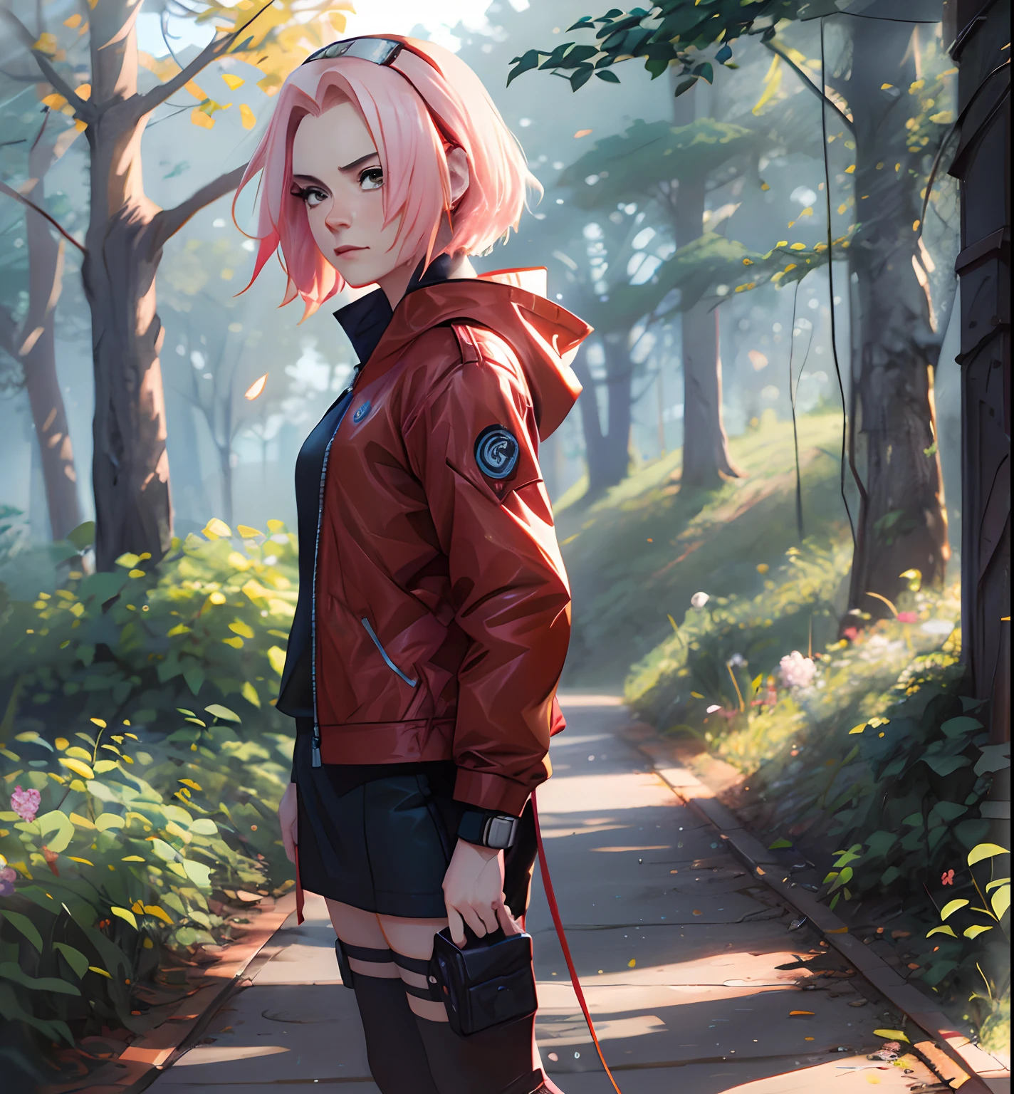 Sakura haruno, ((solo)), alone, ((forehead the show)), elegant, red coat, pink hair, delicate, young, short hair, detailed face, high definition, ((full body)), (flames around you), ((flaming)), fire, fire, in a forest, trend in artstation, by rhads, andreas rocha, rossdraws, makoto shinkai, laurie greasley, lois van baarle, ilya kuvshinov and greg rutkowski