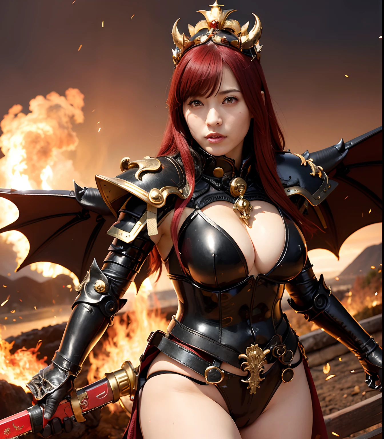 (masutepiece), Professional , masterpiece、top-quality、photos realistic , depth of fields (Dragon Black Metal Body:1.9),(Matte Black、(cleavage of the breast)、Dragon Gold Weapon、(bikini-armor),Gorgeous gold weapons ,(( Dragon's dense and gorgeous sword)) , Beautiful knife ,warhammer 40k , adepta sororitas,Detail and gorgeous crown、((Red hair))、(Castle background)、The dragon、((Gangle's forest background))、Beautiful Caucasian beauty、(1a person)、dynamic ungle,(((Detailed and ornate Black Devil Crown)))、Smaller head、Strange smile、Castle background、Thin and beautiful female hands、cleavage of the breast、Soldier in iron armor on background、Mystical expression、Light Effects、intense fighting、Wind-effect、magic circles、With the legendary magic wand、(demonic wings)、