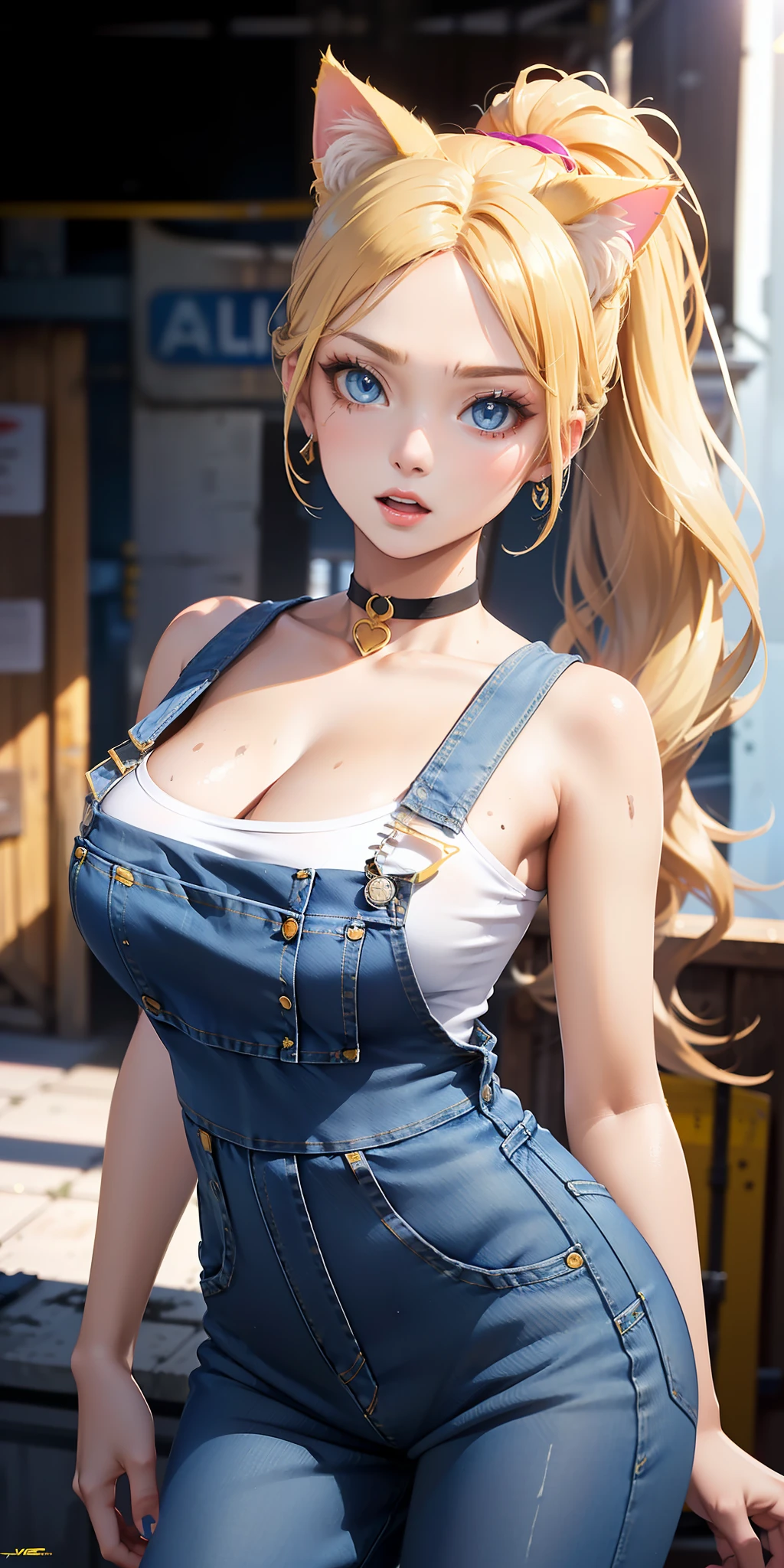 big breasts ((1 cat girl)) hot sexy girl ((long blonde hair, high ponytail)), blue eyes, wavy hair, extremely sexy body, Choker, (((wearing a bold and stylish denim jumpsuit ))), extremely detailed, hyper detailed, (((perfect face)), soft lighting, ((best quality)), dynamic pose, sexy pose, dirty with grease, cute and sexy expression, in front of workshop