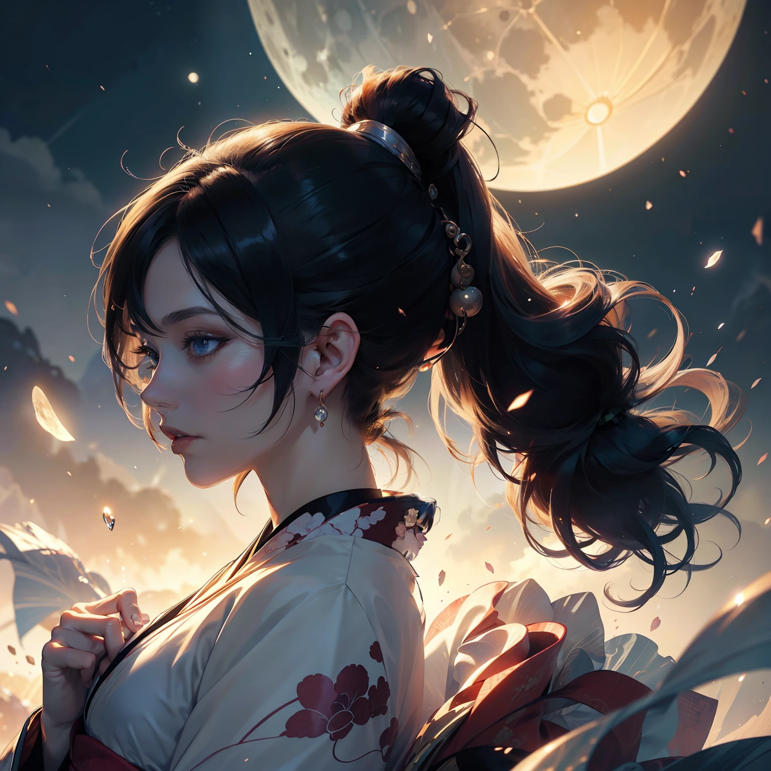 Profile Depict a woman with moon, ponytail, shiny black hair, gorgeous kimono, beautiful and elegant Japan on the background. Heart in the eye. Systemic. beautiful anime art wallpaper 8k, beautiful fantasy anime, beautiful anime, detailed anime artwork.blur background
