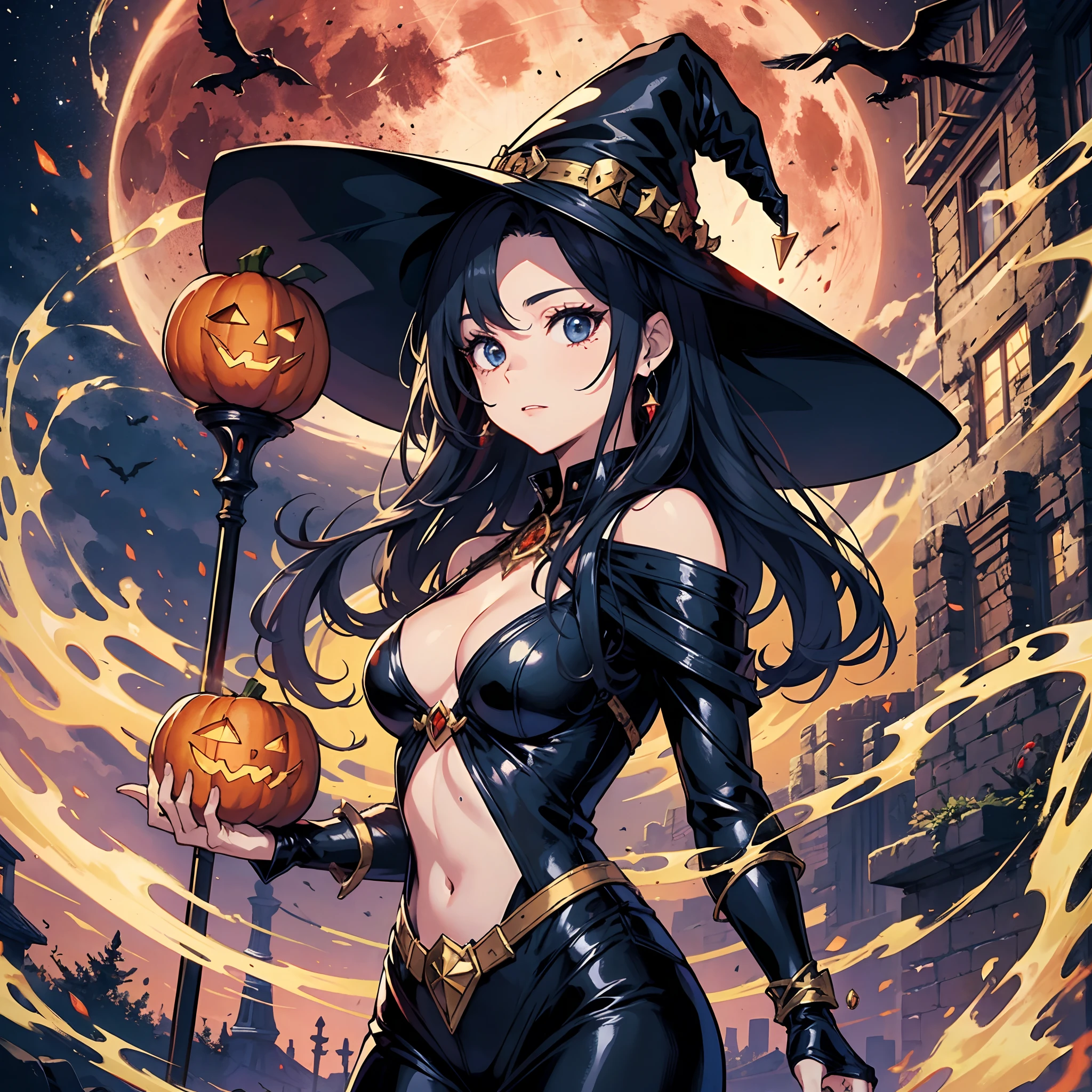 sorceress woman，Wizard's Hat，Staff，The raven landed on the shoulder，Jack-o'-lantern，Blood-red moon