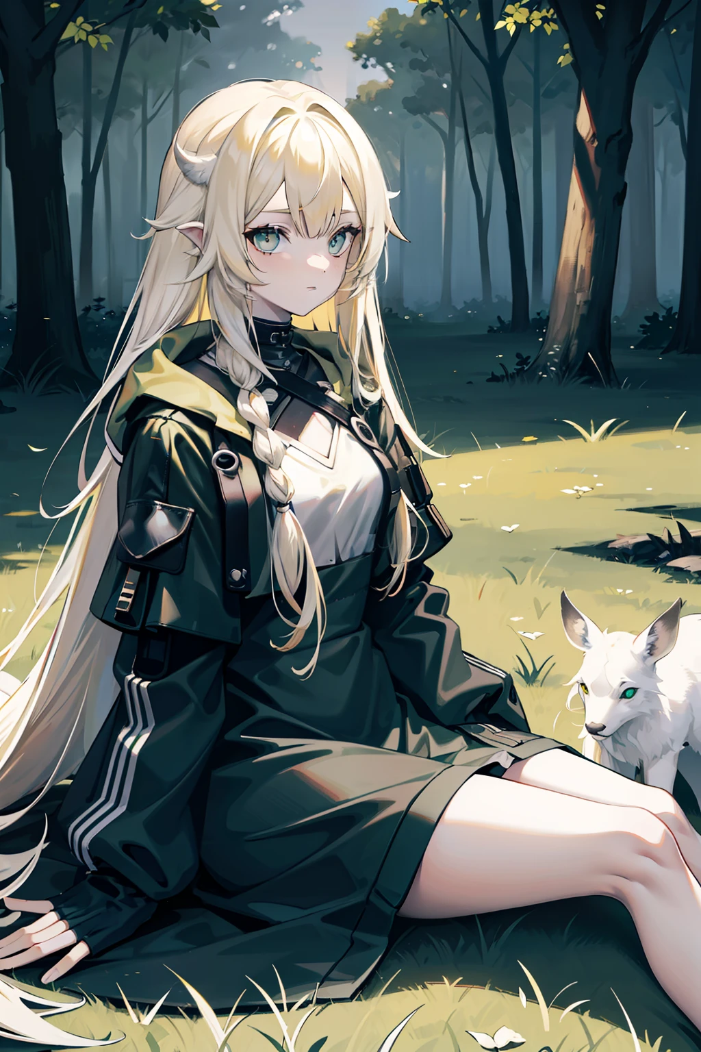 long white hair,The eyes are one yellow and one green,femele,Adults,Sit on the lawn,The clothes are more cyberpunk,The background is forest,Play with fawns