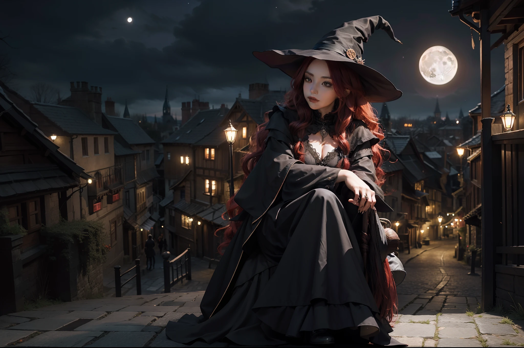 A witch flying seated on a broom. She wears a ponty hat, multilayered dress in dark colors, wavy messy red hair, gothic make-up. Full Moon night, medieval town as background. Illuminated by moonlight and lamps in the town.