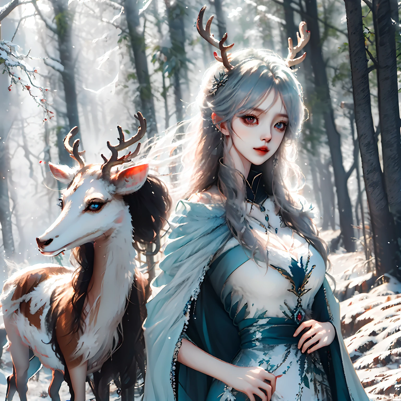 Long white hair,red eye,angel,blue long dress,winter forest,cute anime girl,winter cape, mist around her,deer horn,white deer around her