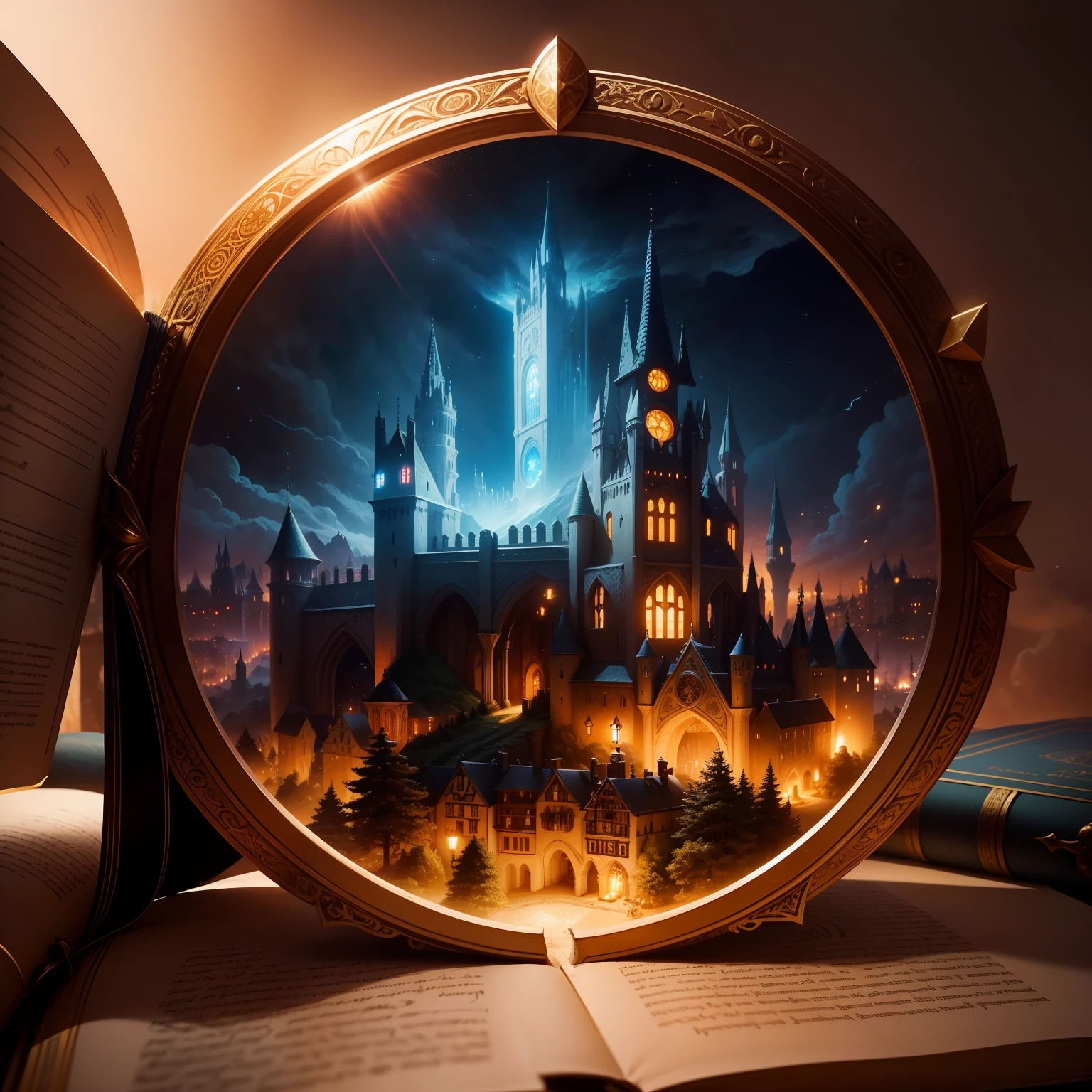 There is a book with a bright light inside it, fantasy world, magic book, fantasy book illustration, mini mundo, ciudad medieval, magical glowing time portal, portal dimensional, Open magic book that shines, An illustration of a medieval town, Libro de hechizos, Magical portal to another world