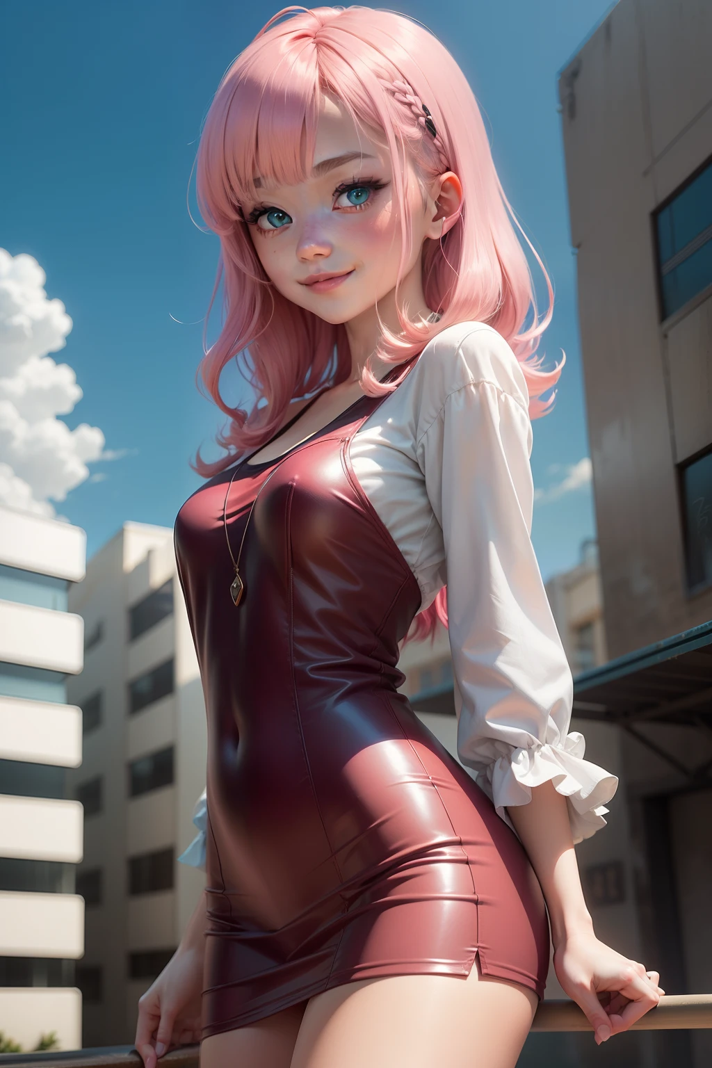 A shiny pink hair and shiny blue eyes with a slight smile anime girl in hd anime style