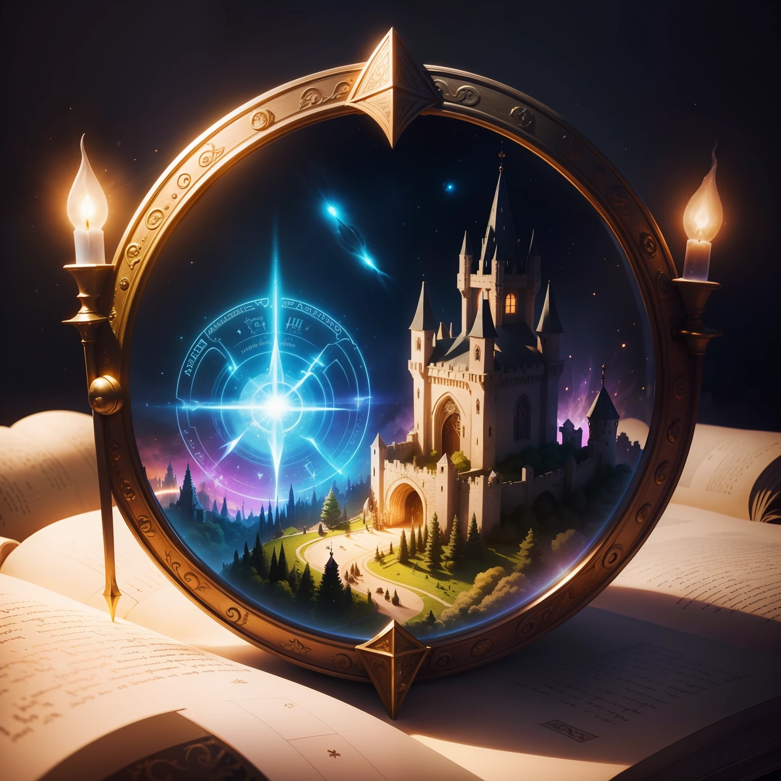 There is a book with a bright light inside it, fantasy world, magic book, fantasy book illustration, mini mundo, ciudad medieval, magical glowing time portal, portal dimensional, Open magic book that shines, An illustration of a medieval town, Libro de hechizos, Magical portal to another world