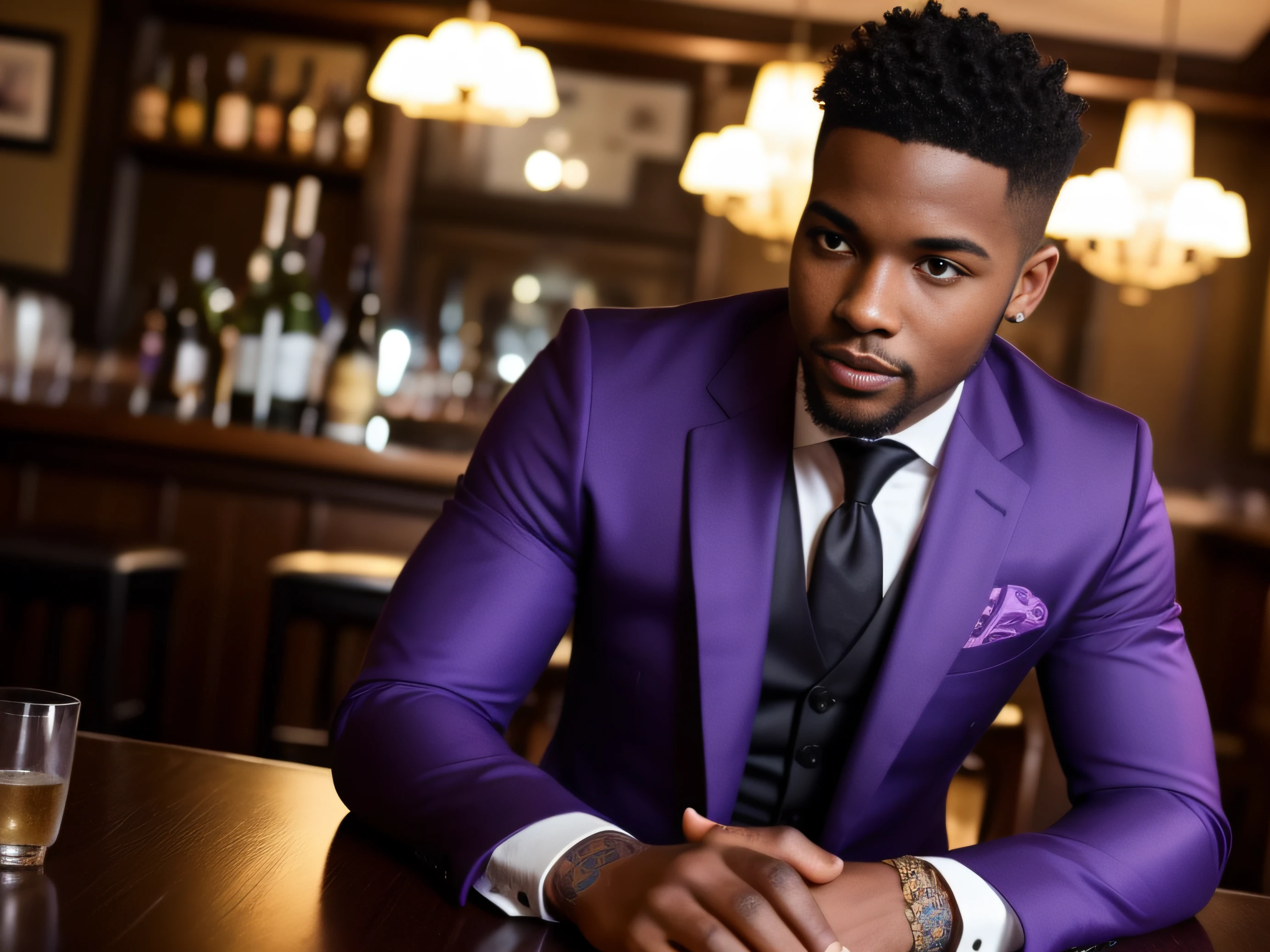 young handsome black man in a purple suit sitting at a ancient pub table, tattoo by Mark English, featured on cg society, maximalism, masculine, character, maximalist