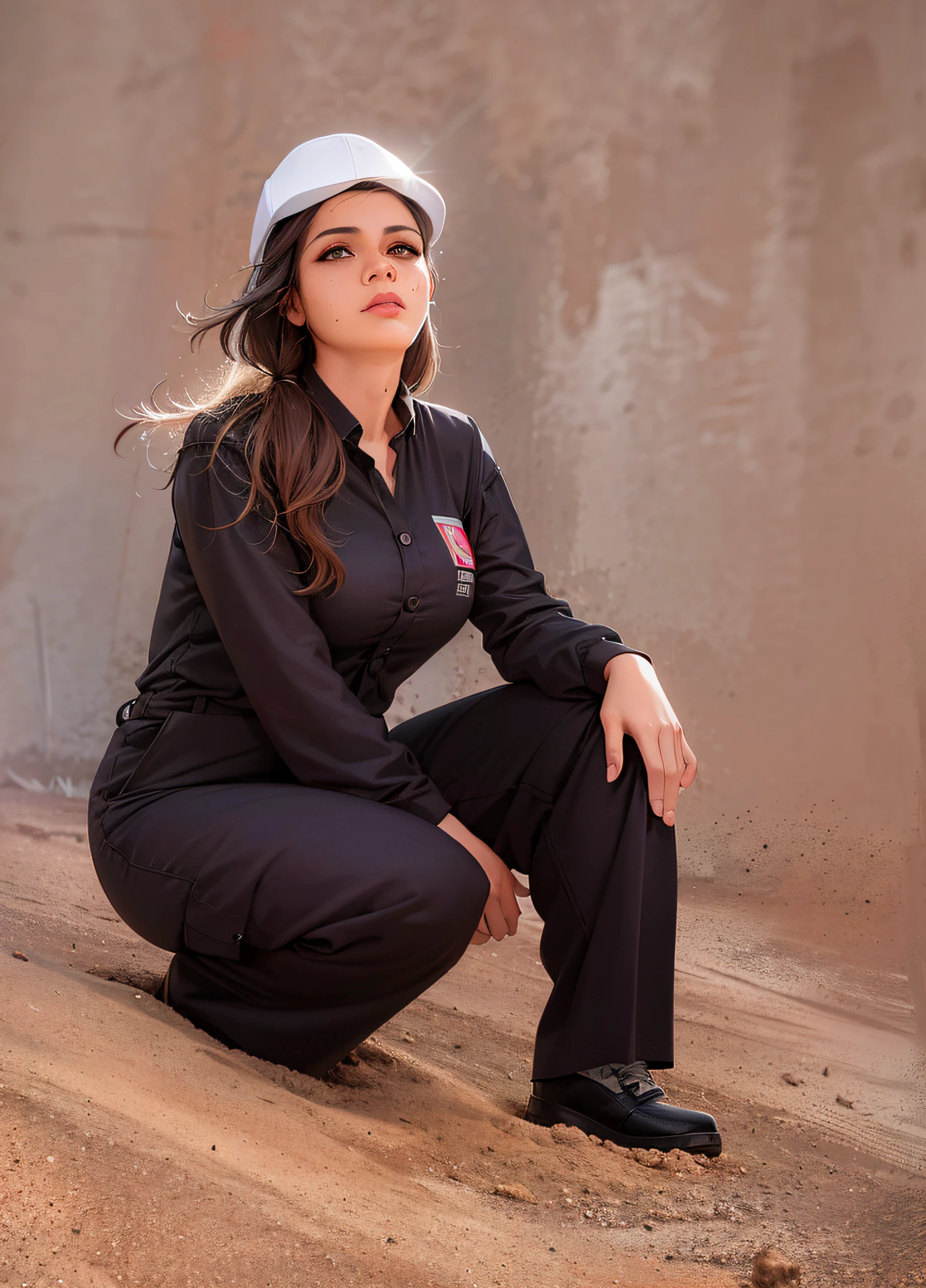 Mulher em um uniforme preto sentada em uma colina de areia, foto de retrato, Fotografia de uma mulher techwear, Retrato no meio da foto, Foto de perfil, Karla Ortiz, tiro de comprimento total, imagem retrato, Foto promocional, foto de retrato de corpo inteiro, Sara Ali, Sandra, Foto promocional, Fechar tiro de corpo inteiro, tiro de comprimento de corpo inteiro, wearing human air force jumpsuit