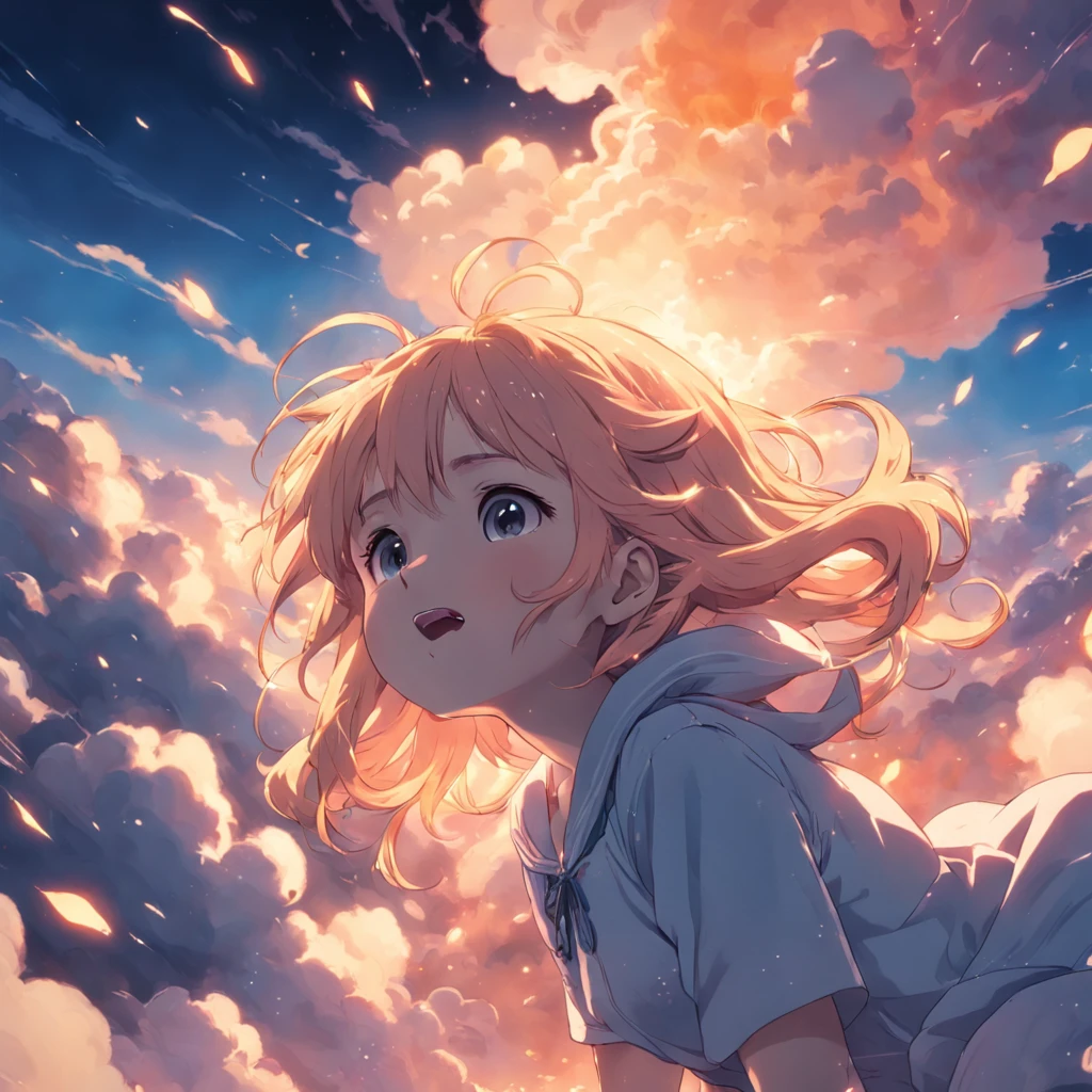 masterpiece, best quality, movie still, 1girl, cloud girl, floating in the sky, close-up, bright, happy, warm soft lighting, sunset, (sparks:0.7)