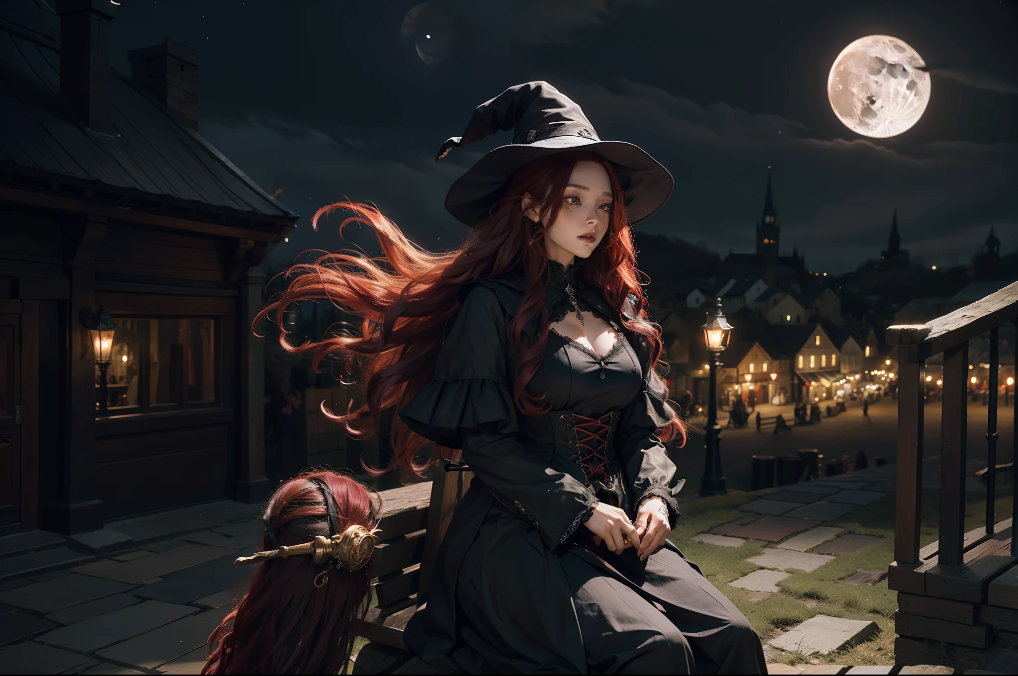 A witch flying seated on a broom. She wears a ponty hat, multilayered dress in dark colors, wavy messy red hair, gothic make-up. Full Moon night, medieval town as background. Illuminated by moonlight and lamps in the town.