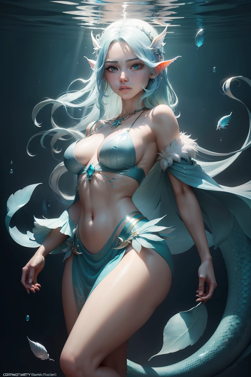 Male mermaid,The ears resemble hippocampus,Ice-blue hair cascades to the waist,The eyes are cold,Cold white skin,There is a sense of transparency,The corners of the eyes and forehead are covered with thin scales,There is a strange beauty,The upper body is as strong as carving,The feather light poplar is seductive,Necklace hanging coral drapery,The lower body gushes from fish tail to fish,Phosphorescent,Dai eyebrows crossed,There is an ethereal and cold temperament on his body,Dreamy blue scales,Inhabited underwater art germ plains, Style Artgerm, Extremely detailed Artgerm, author:ross tran, Ross Tran 8 K, art-style, Deviantart ArtStation CGSCOSIETY, inspired by Ross Tran, Art germ. anime illustration, Art germ on ArtStation Pixiv