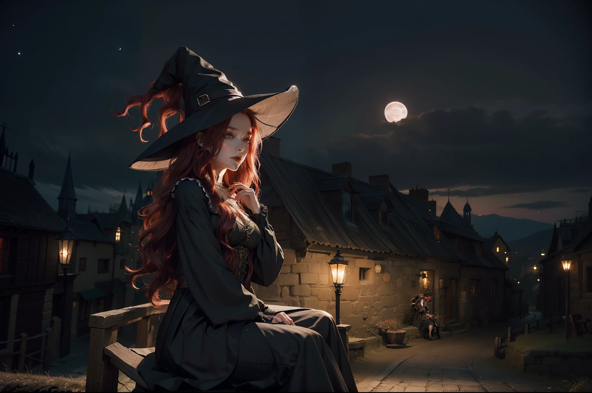A witch flying seated on a broom. She wears a ponty hat, multilayered dress in dark colors, wavy messy red hair, gothic make-up. Full Moon night, medieval town as background. Illuminated by moonlight and lamps in the town.
