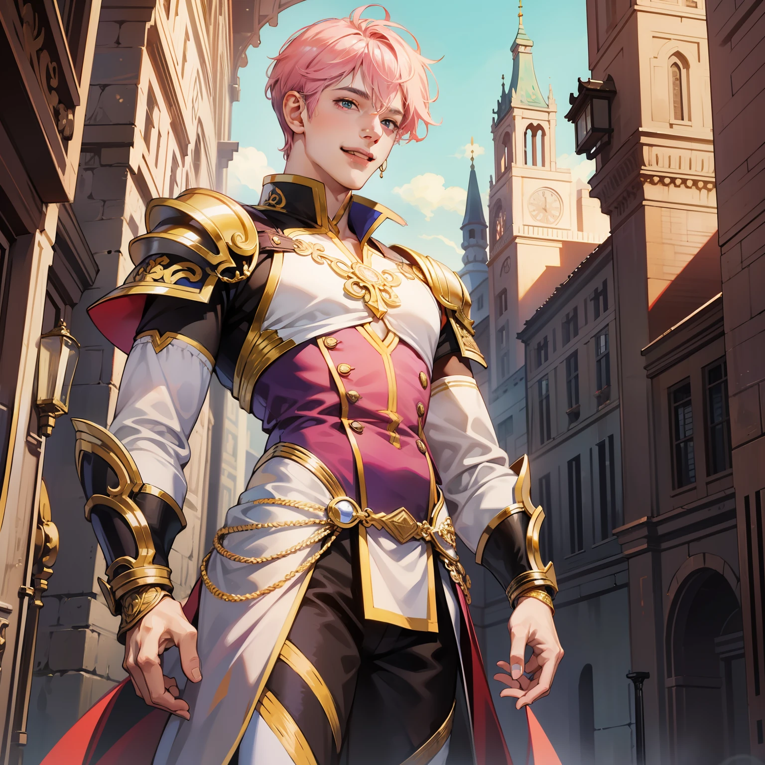 1boy, intricate details, smiling, warrior, tall height, lithe and slender, pink short hair