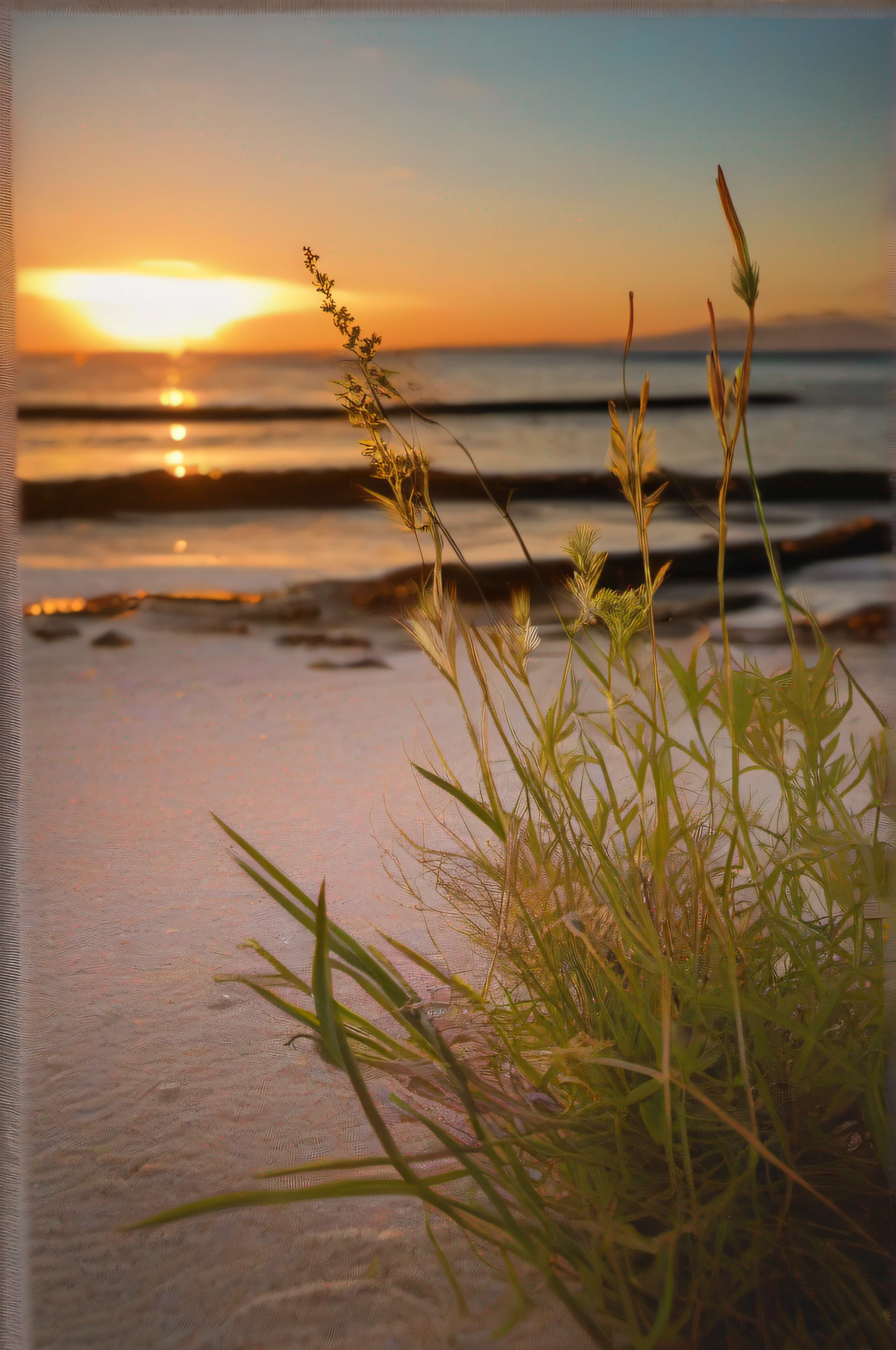 playa solitaria, Close-up with herbs bathed in sunset light. fondo de un mar en calma, horizonte con el sol cayendo por el lado derecho de la imagen, objetivo 35 mm